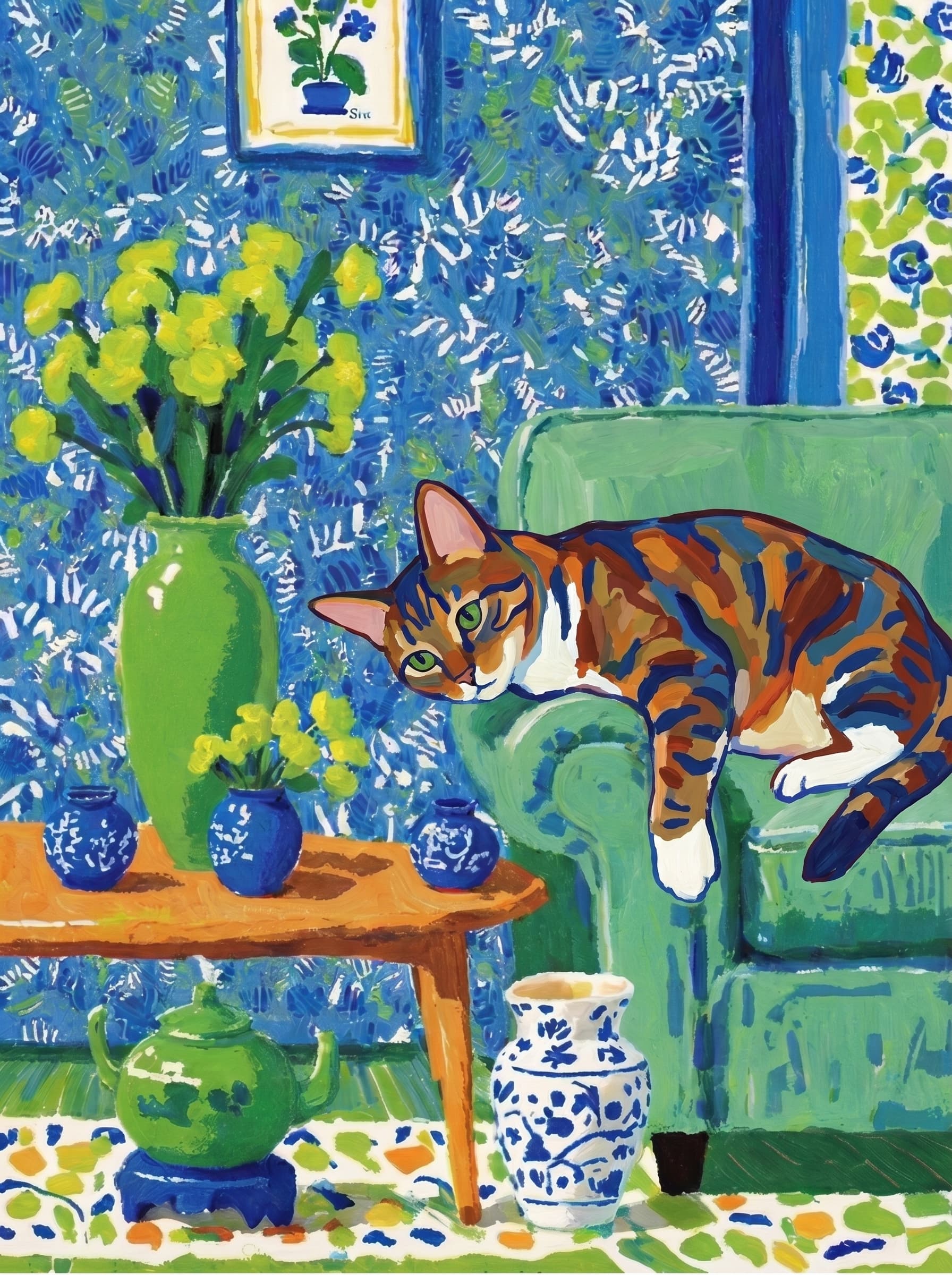 A pet lazy lying on the couch, with head tilt on the edge of couch, eye looking at the the vase. Art Style: Paint in Fauvism, post-impressionism style. Use simplified shapes, exaggerates color, and flattens perspective to create charm and personality.
Use saturated, non-naturalistic colors and flattened perspective reminiscent of Henri Matisse.
The brushwork is loose, visible, and painterly, with uneven strokes that give the surface texture and movement.
Paint with large areas of flat color patches, simplified shapes, bold decorative outlines, and minimal blending.
The composition is flattened and slightly distorted, with compressed perspective.
The painting is expressive, utilizing thick, confident strokes and quick, rhythmic marks that prioritize texture and visual energy over realistic blending or depth.