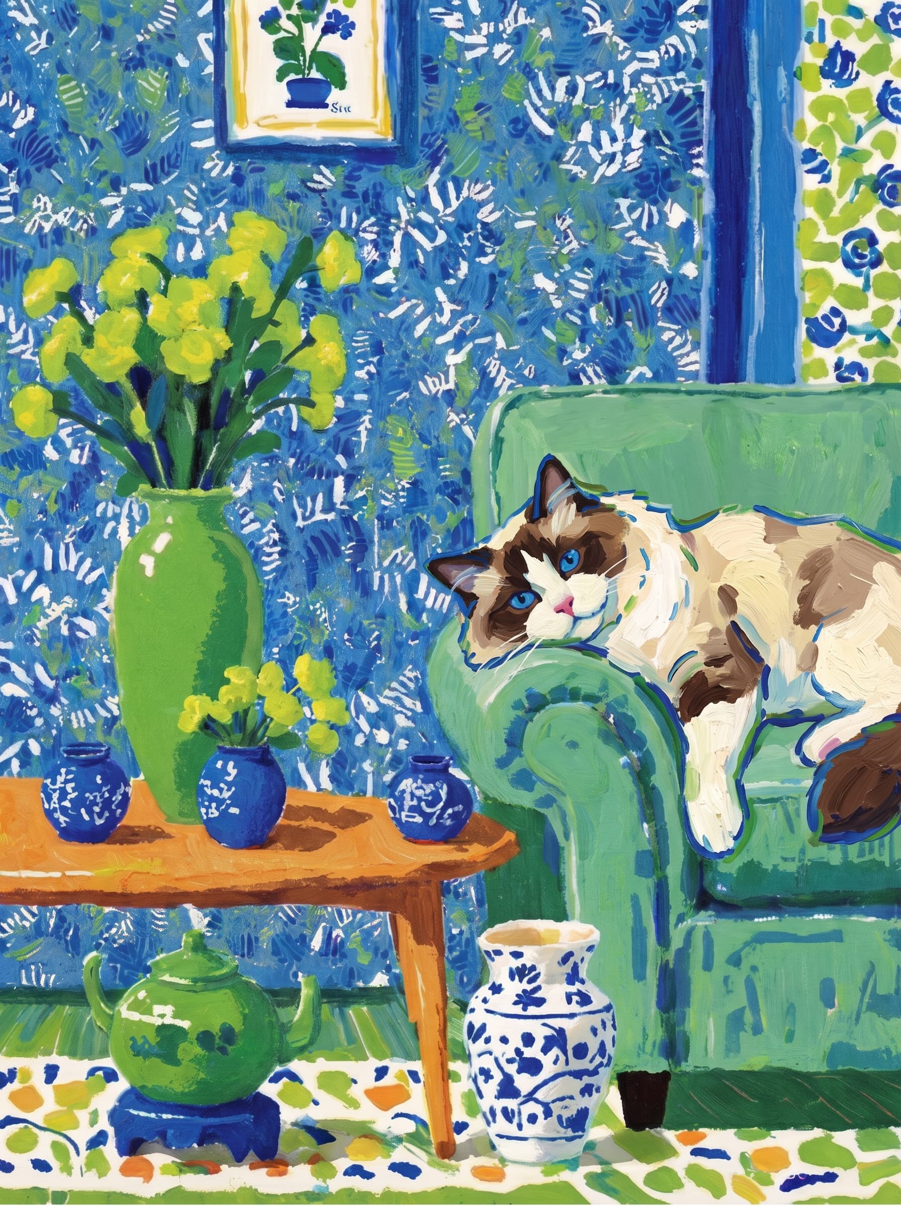 A pet lazy lying on the couch, with head tilt on the edge of couch, eye looking at the the vase. Art Style: Paint in Fauvism, post-impressionism style. Use simplified shapes, exaggerates color, and flattens perspective to create charm and personality.
Use saturated, non-naturalistic colors and flattened perspective reminiscent of Henri Matisse.
The brushwork is loose, visible, and painterly, with uneven strokes that give the surface texture and movement.
Paint with large areas of flat color patches, simplified shapes, bold decorative outlines, and minimal blending.
The composition is flattened and slightly distorted, with compressed perspective.
The painting is expressive, utilizing thick, confident strokes and quick, rhythmic marks that prioritize texture and visual energy over realistic blending or depth.