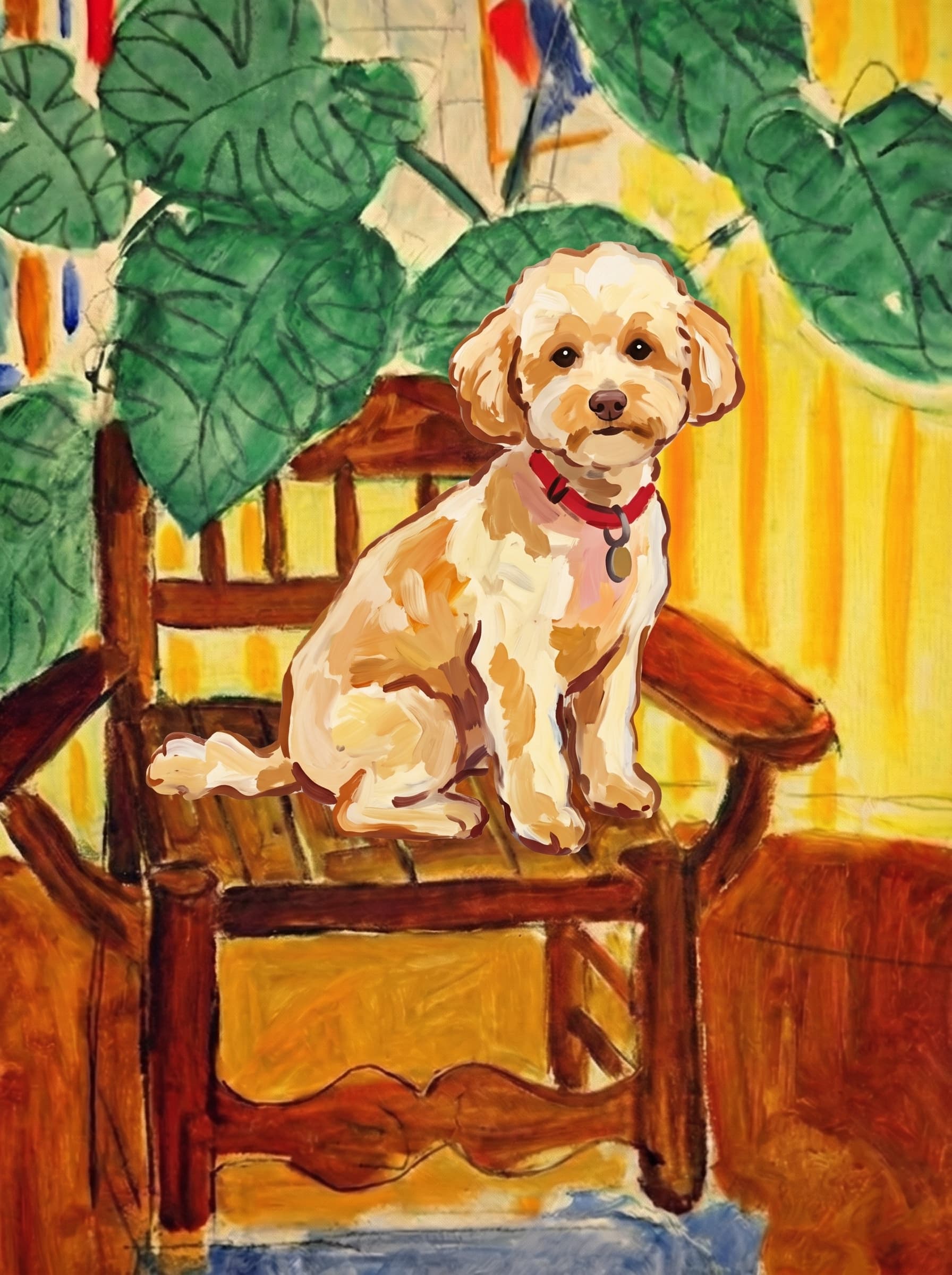 A pet sitting on a brown chair, looking at the viewer. Art Style: Paint in Fauvism, post-impressionism style. Use simplified shapes, exaggerates color, and flattens perspective to create charm and personality.
Use saturated, non-naturalistic colors and flattened perspective reminiscent of Henri Matisse.
The brushwork is loose, visible, and painterly, with uneven strokes that give the surface texture and movement.
Paint with large areas of flat color patches, simplified shapes, bold decorative outlines, and minimal blending.
The composition is flattened and slightly distorted, with compressed perspective.
The painting is expressive, utilizing thick, confident strokes and quick, rhythmic marks that prioritize texture and visual energy over realistic blending or depth.