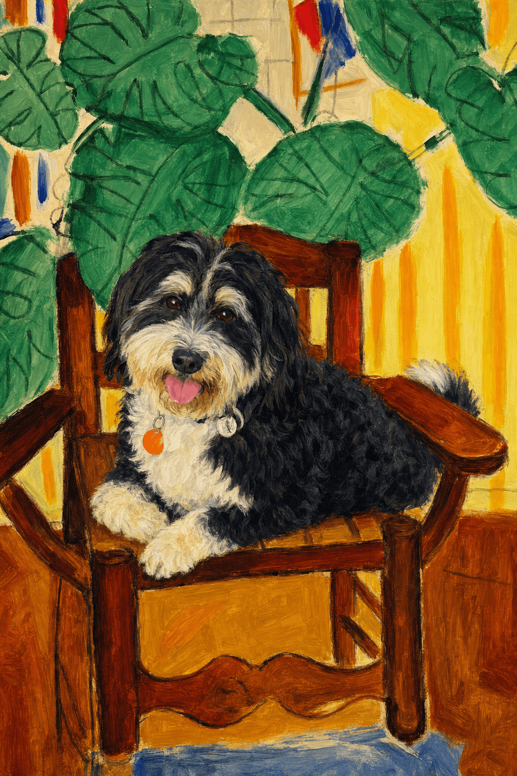 A pet sitting on a brown chair, looking at the viewer. Colors are applied with minimal blending, creating a flat, illustrative feel. The brushwork is broad, rapid, and direct. Strokes are loose, visible, applied thinly, defining the forms quickly without building up significant physical texture or impasto on the surface.