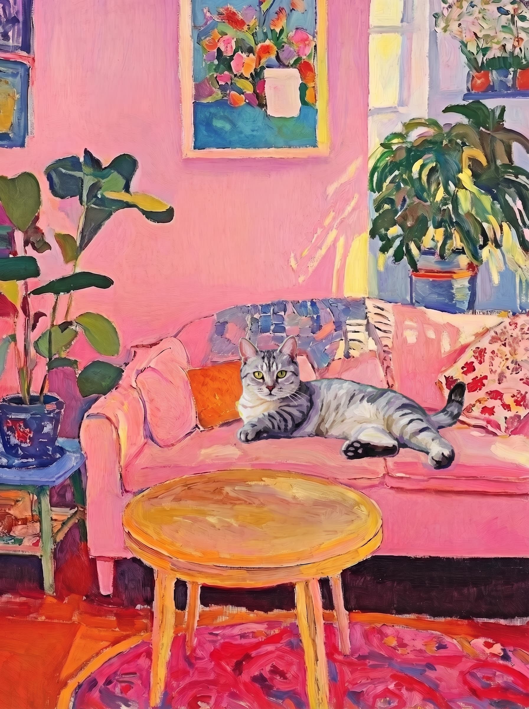 The painting shows a cozy, colorful interior with a warm pink wall and a large pink sofa in the foreground.
The pet is resting lazily on a bright pink velvet sofa. The pet’s looked completely relaxed and content.
The overall mood is cheerful and intimate, with bold outlines, visible brushstrokes, and slightly simplified forms.
Art Style: Paint in Fauvism, post-impressionism style. Use simplified shapes, exaggerates color, and flattens perspective to create charm and personality.
Use saturated, non-naturalistic colors and flattened perspective reminiscent of Henri Matisse.
The brushwork is loose, visible, and painterly, with uneven strokes that give the surface texture and movement.
Paint with large areas of flat color patches, simplified shapes, bold decorative outlines, and minimal blending.
The composition is flattened and slightly distorted, with compressed perspective.
The painting is expressive, utilizing thick, confident strokes and quick, rhythmic marks that prioritize texture and visual energy over realistic blending or depth.