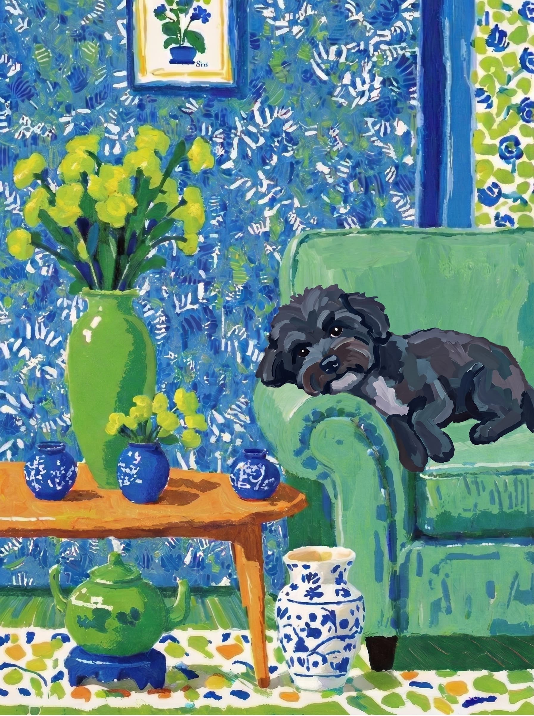 A pet lazy lying on the couch, with head tilt on the edge of couch, eye looking at the the vase. Art Style: Paint in Fauvism, post-impressionism style. Use simplified shapes, exaggerates color, and flattens perspective to create charm and personality.
Use saturated, non-naturalistic colors and flattened perspective reminiscent of Henri Matisse.
The brushwork is loose, visible, and painterly, with uneven strokes that give the surface texture and movement.
Paint with large areas of flat color patches, simplified shapes, bold decorative outlines, and minimal blending.
The composition is flattened and slightly distorted, with compressed perspective.
The painting is expressive, utilizing thick, confident strokes and quick, rhythmic marks that prioritize texture and visual energy over realistic blending or depth.