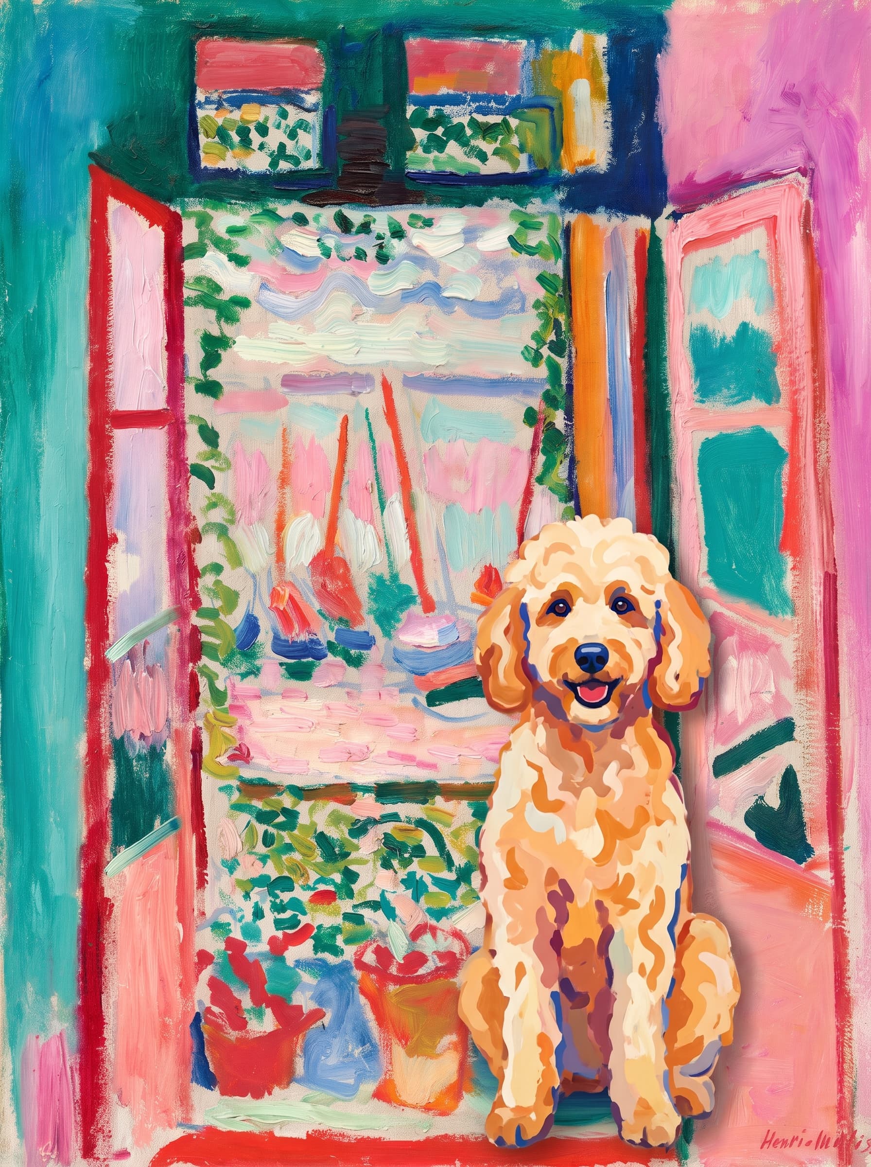 Goldendoodle custom portrait art — custom impressionist pet portrait example — 1