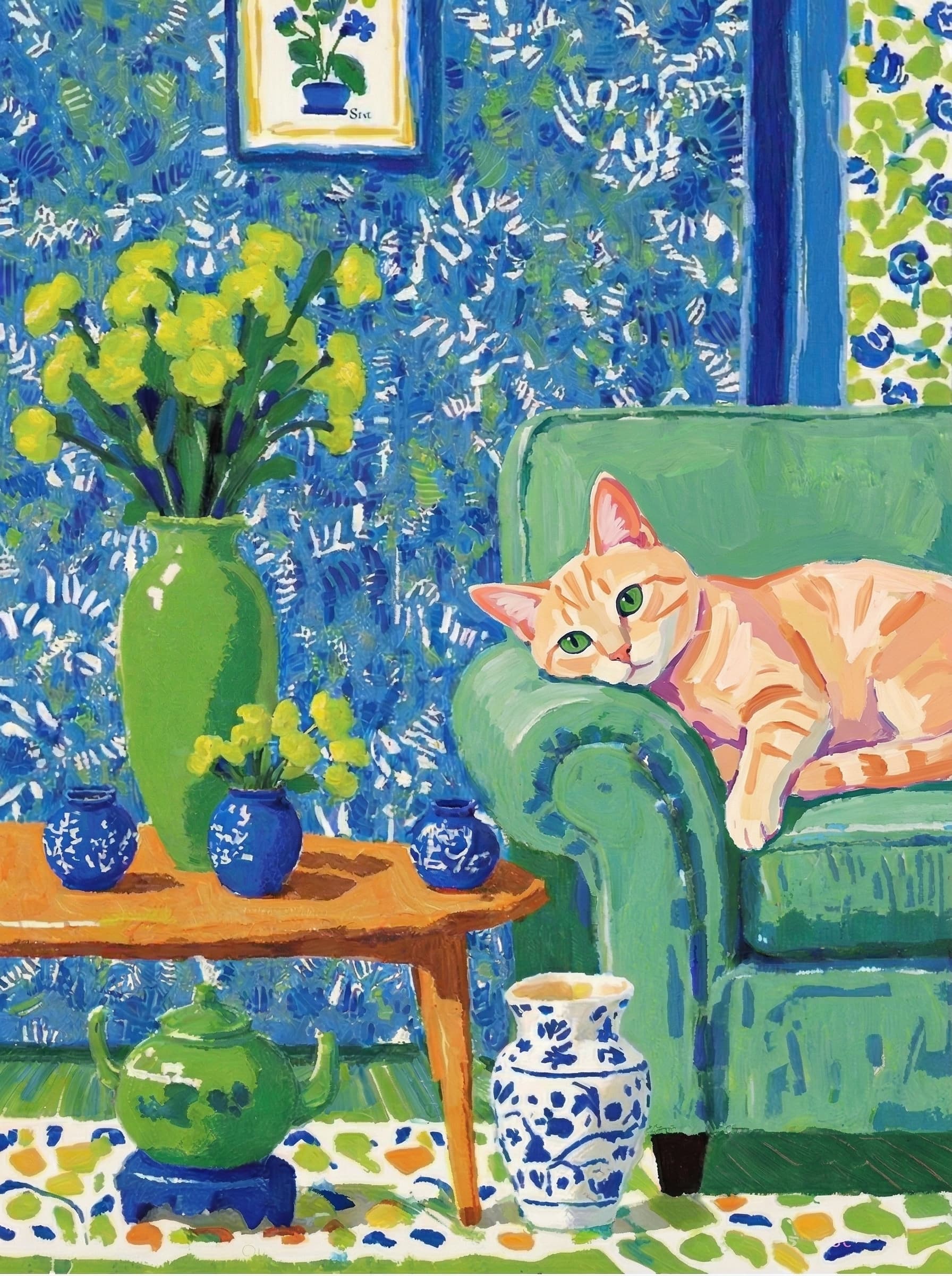 A pet lazy lying on the couch, with head tilt on the edge of couch, eye looking at the the vase. paint in post-impressionism style. Use saturated, non-naturalistic colors and flattened perspective reminiscent of Henri Matisse. painterly and expressive, utilizing thick, confident strokes and quick, rhythmic marks that prioritize texture and visual energy over realistic blending or depth.