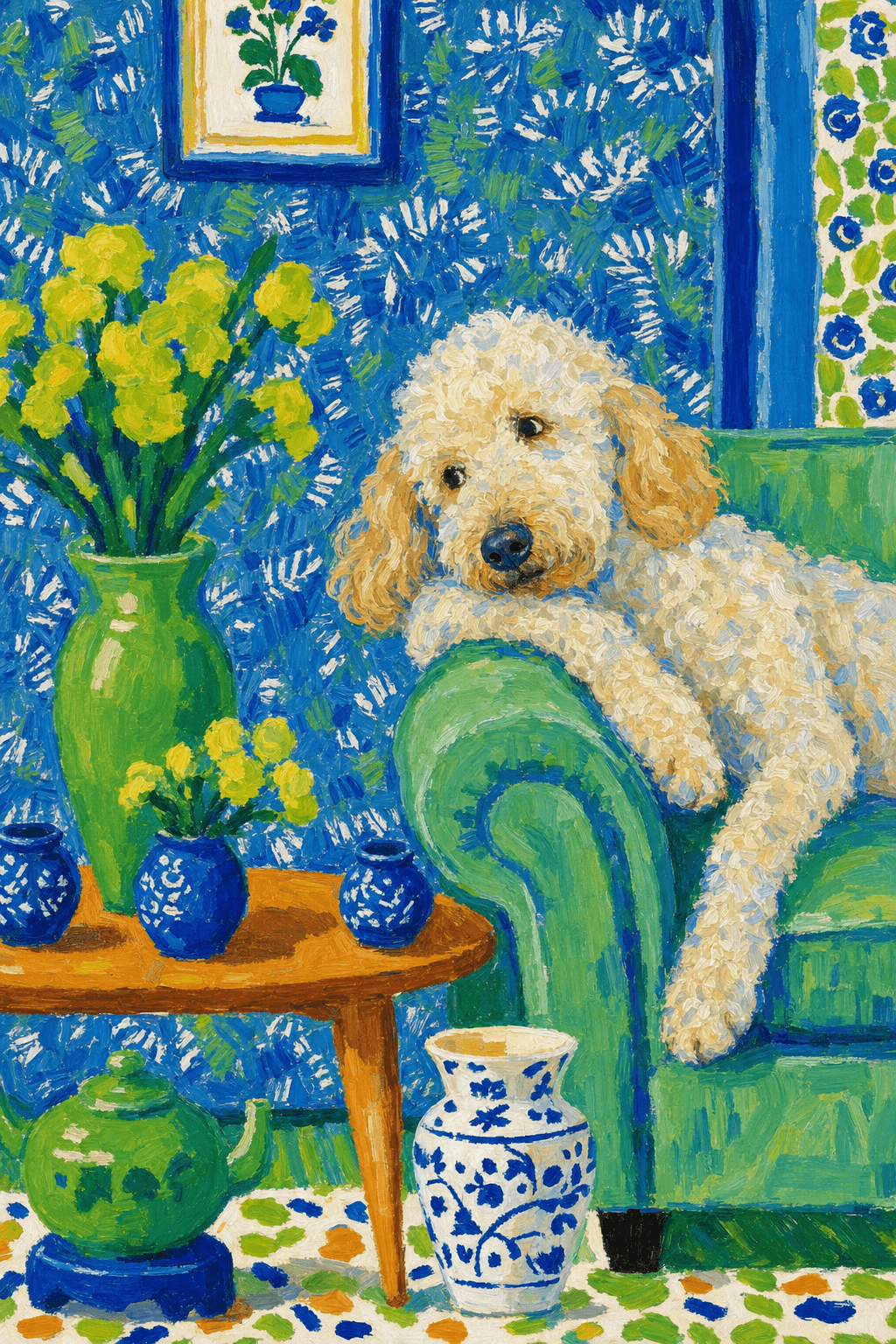 A pet lazy lying on the couch, with head tilt on the edge of couch, eye looking at the the vase. paint in post-impressionism style. Use saturated, non-naturalistic colors and flattened perspective reminiscent of Henri Matisse. painterly and expressive, utilizing thick, confident strokes and quick, rhythmic marks that prioritize texture and visual energy over realistic blending or depth.