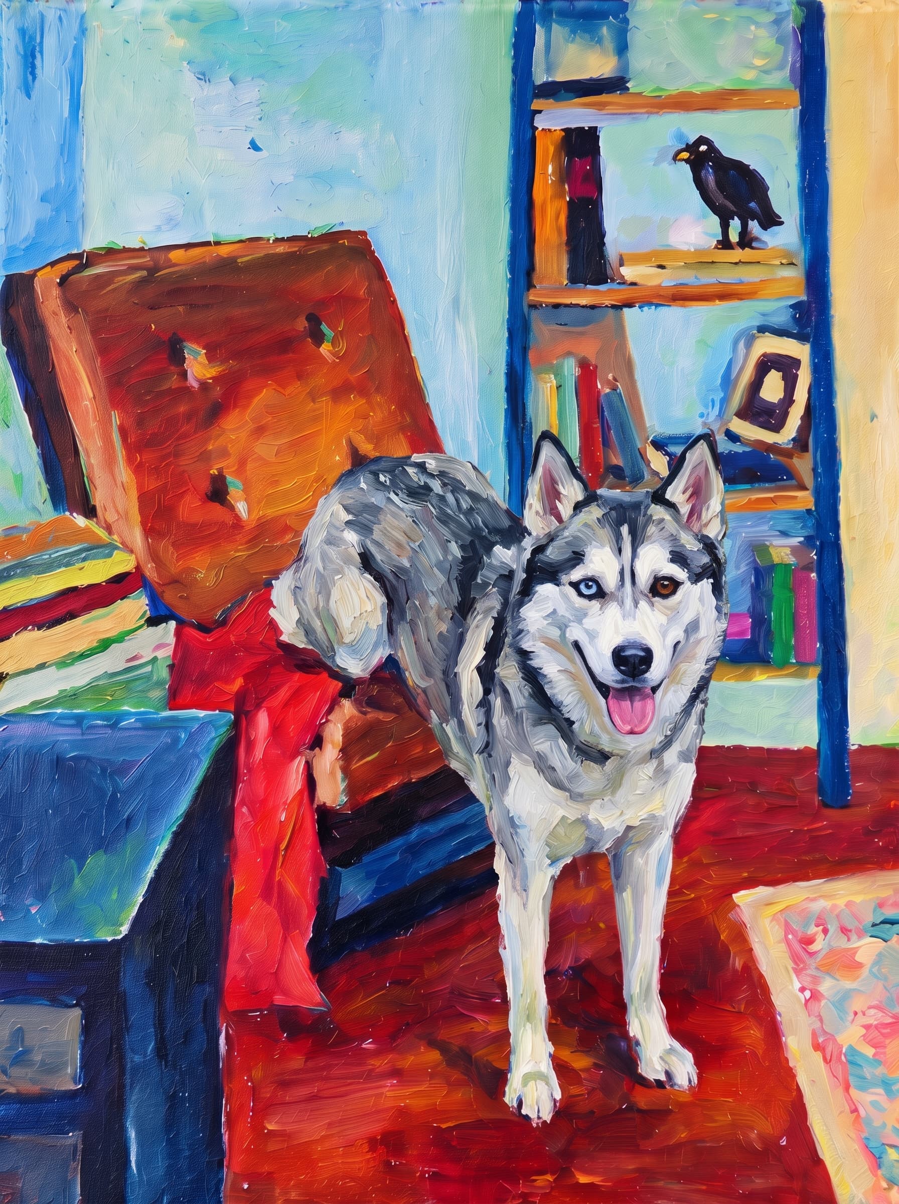 An oil painting in an Impressionist impasto style depicts a warm, cozy indoor space centered around a large, reclined armchair featuring a brown tufted cushion and a vivid red blanket draped across its seat.
Behind the chair stands a rich blue bookshelf adorned with colorful books, a picture frame, and a dark bird figurine perched on the top shelf.
To the left, a matching blue side table holds stacked books, while the room's floor glows in deep mahogany and amber hues alongside a patterned pastel rug.
The vibrant composition is completed by a background of soft turquoise, sky blue, and buttery yellow wall tones, all rendered with thick, visible brushstrokes that lend a lively texture to the scene.
The pet is standing upright on its two front legs, which rest on the dark reddish floor in the foreground. Its rear legs and body are elevated, resting on the seat of the brown reclined armchair, draped over the red blanket.
Paint the pet with the same thick impasto brushstrokes and vivid palette as the rest of the painting.