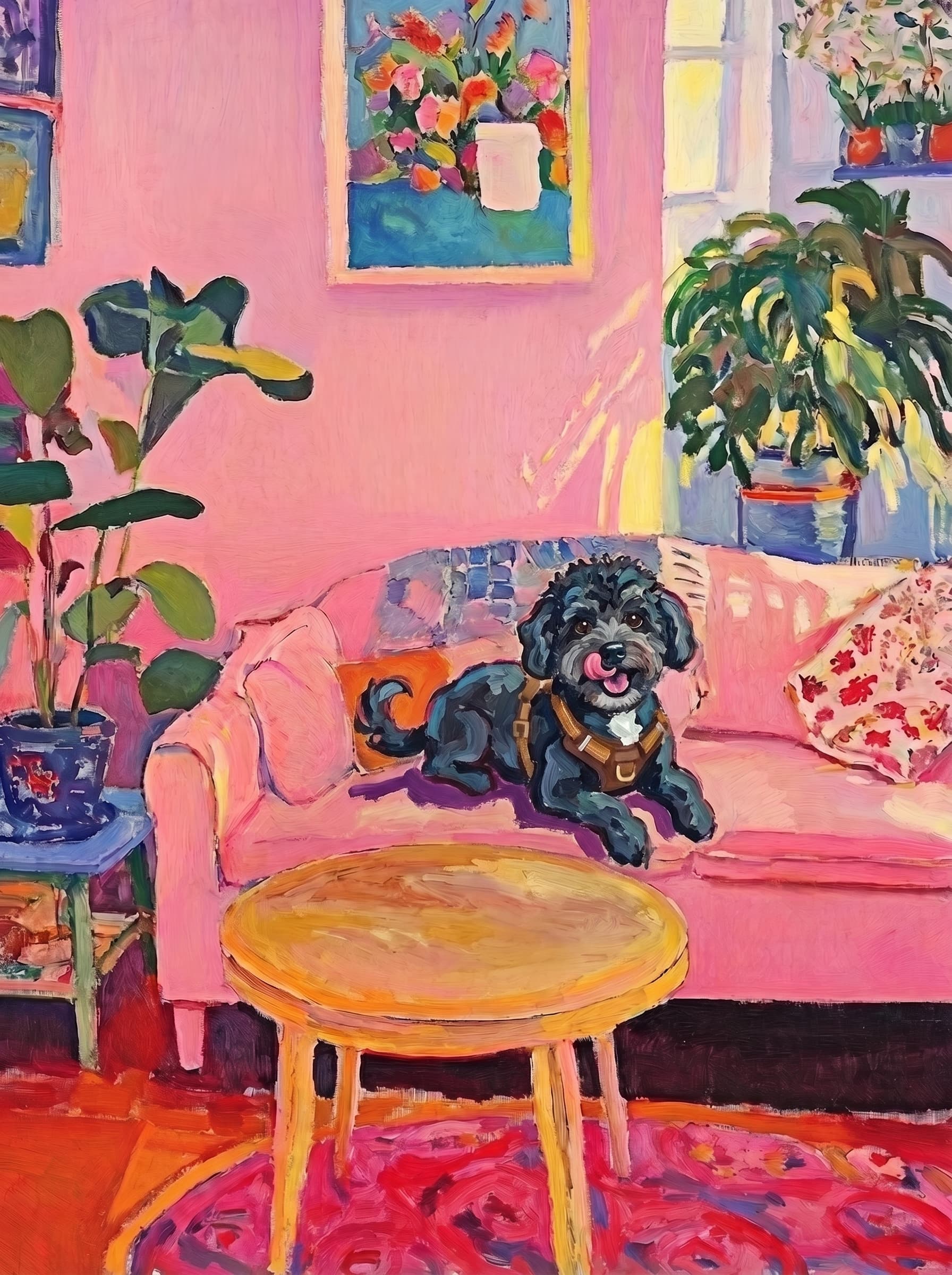 The painting shows a cozy, colorful interior with a warm pink wall and a large pink sofa in the foreground.
The pet is resting lazily on a bright pink velvet sofa. The pet’s looked completely relaxed and content.
The overall mood is cheerful and intimate, with bold outlines, visible brushstrokes, and slightly simplified forms.
Art Style: Paint in Fauvism, post-impressionism style. Use simplified shapes, exaggerates color, and flattens perspective to create charm and personality.
Use saturated, non-naturalistic colors and flattened perspective reminiscent of Henri Matisse.
The brushwork is loose, visible, and painterly, with uneven strokes that give the surface texture and movement.
Paint with large areas of flat color patches, simplified shapes, bold decorative outlines, and minimal blending.
The composition is flattened and slightly distorted, with compressed perspective.
The painting is expressive, utilizing thick, confident strokes and quick, rhythmic marks that prioritize texture and visual energy over realistic blending or depth.