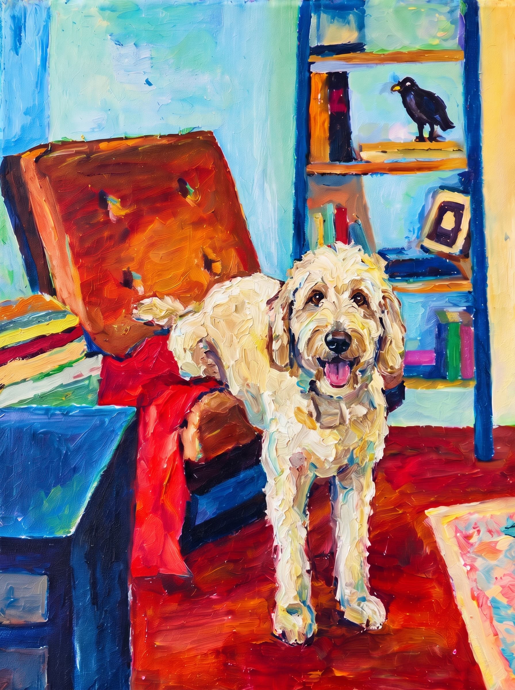 An oil painting in an Impressionist impasto style depicts a warm, cozy indoor space centered around a large, reclined armchair featuring a brown tufted cushion and a vivid red blanket draped across its seat.
Behind the chair stands a rich blue bookshelf adorned with colorful books, a picture frame, and a dark bird figurine perched on the top shelf.
To the left, a matching blue side table holds stacked books, while the room's floor glows in deep mahogany and amber hues alongside a patterned pastel rug.
The vibrant composition is completed by a background of soft turquoise, sky blue, and buttery yellow wall tones, all rendered with thick, visible brushstrokes that lend a lively texture to the scene.
The pet is standing upright on its two front legs, which rest on the dark reddish floor in the foreground. Its rear legs and body are elevated, resting on the seat of the brown reclined armchair, draped over the red blanket.
Paint the pet with the same thick impasto brushstrokes and vivid palette as the rest of the painting.