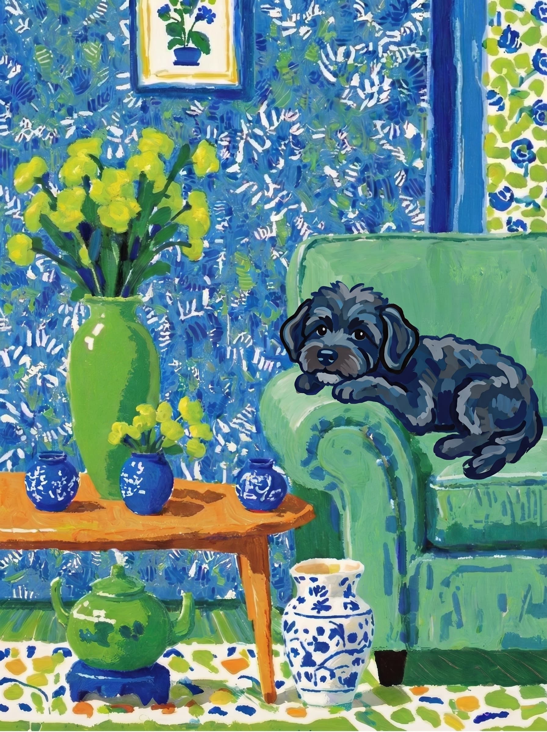 A pet lazy lying on the couch, with head tilt on the edge of couch, eye looking at the the vase. Art Style: Paint in Fauvism, post-impressionism style. Use simplified shapes, exaggerates color, and flattens perspective to create charm and personality.
Use saturated, non-naturalistic colors and flattened perspective reminiscent of Henri Matisse.
The brushwork is loose, visible, and painterly, with uneven strokes that give the surface texture and movement.
Paint with large areas of flat color patches, simplified shapes, bold decorative outlines, and minimal blending.
The composition is flattened and slightly distorted, with compressed perspective.
The painting is expressive, utilizing thick, confident strokes and quick, rhythmic marks that prioritize texture and visual energy over realistic blending or depth.