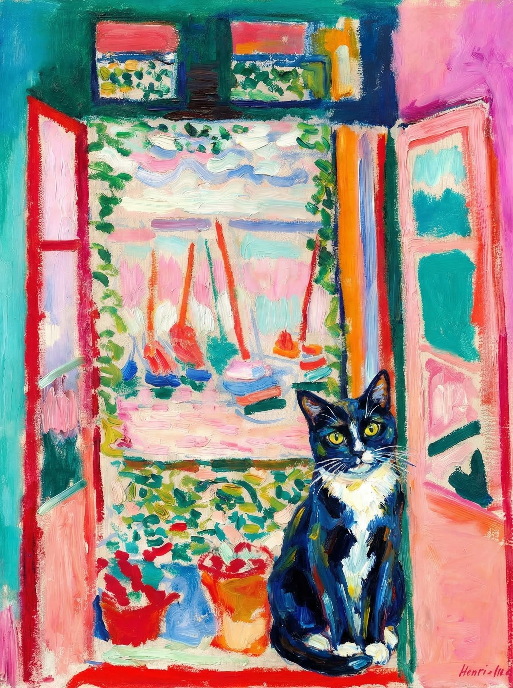 A pet sitting on the right bottom frame of an open door, with its back to the opening while facing the room, looking at the viewer, slight leaning on the right-side door panel. Paint in post-impressionism style. Use loosely painted, vibrantly colored, stylized, vertical painting.
