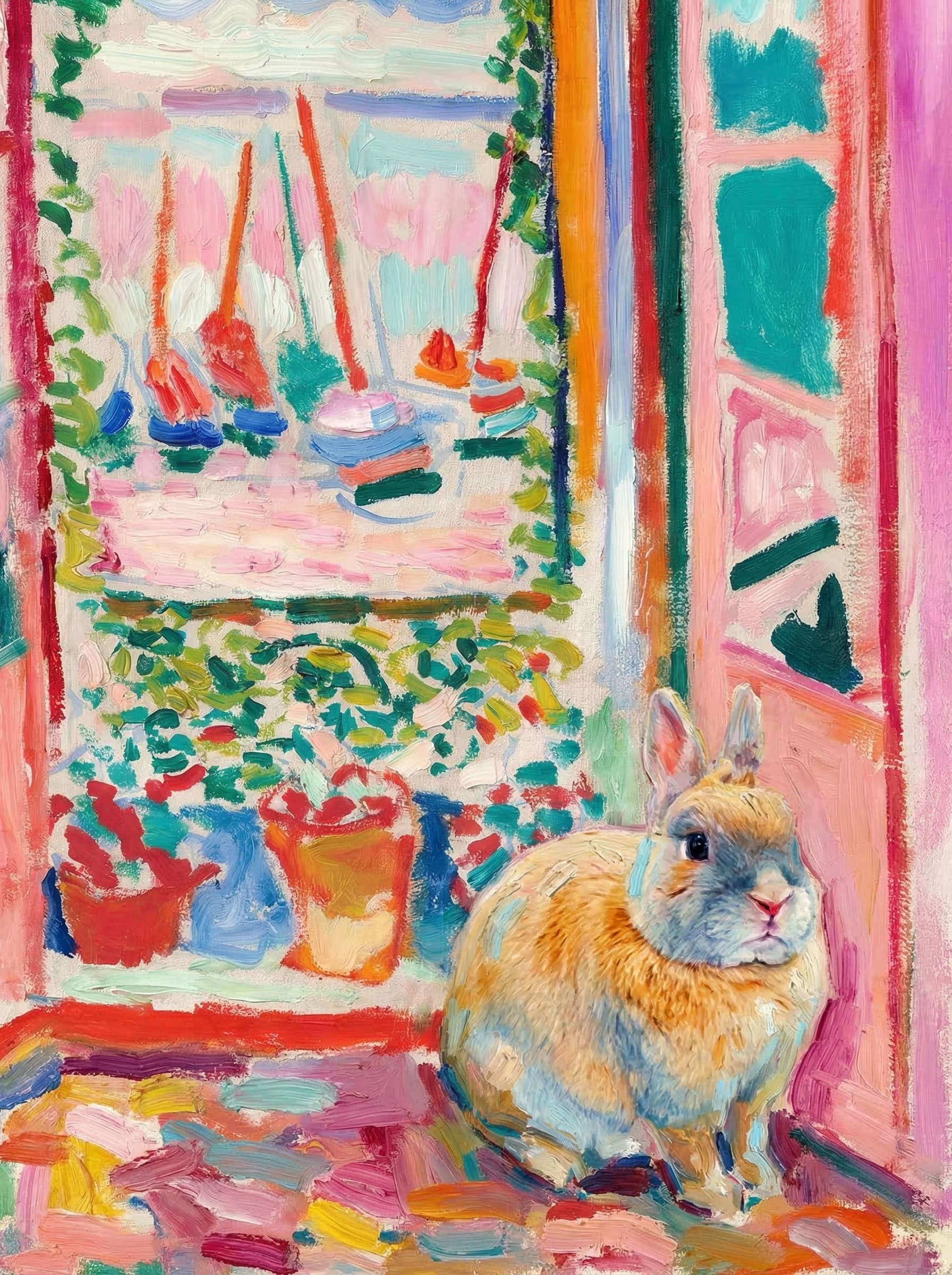A pet sitting on the right bottom frame of an open door, with its back to the opening while facing the room, looking at the viewer, slight leaning on the right-side door panel. Paint in post-impressionism style. Use loosely painted, vibrantly colored, stylized, vertical painting.