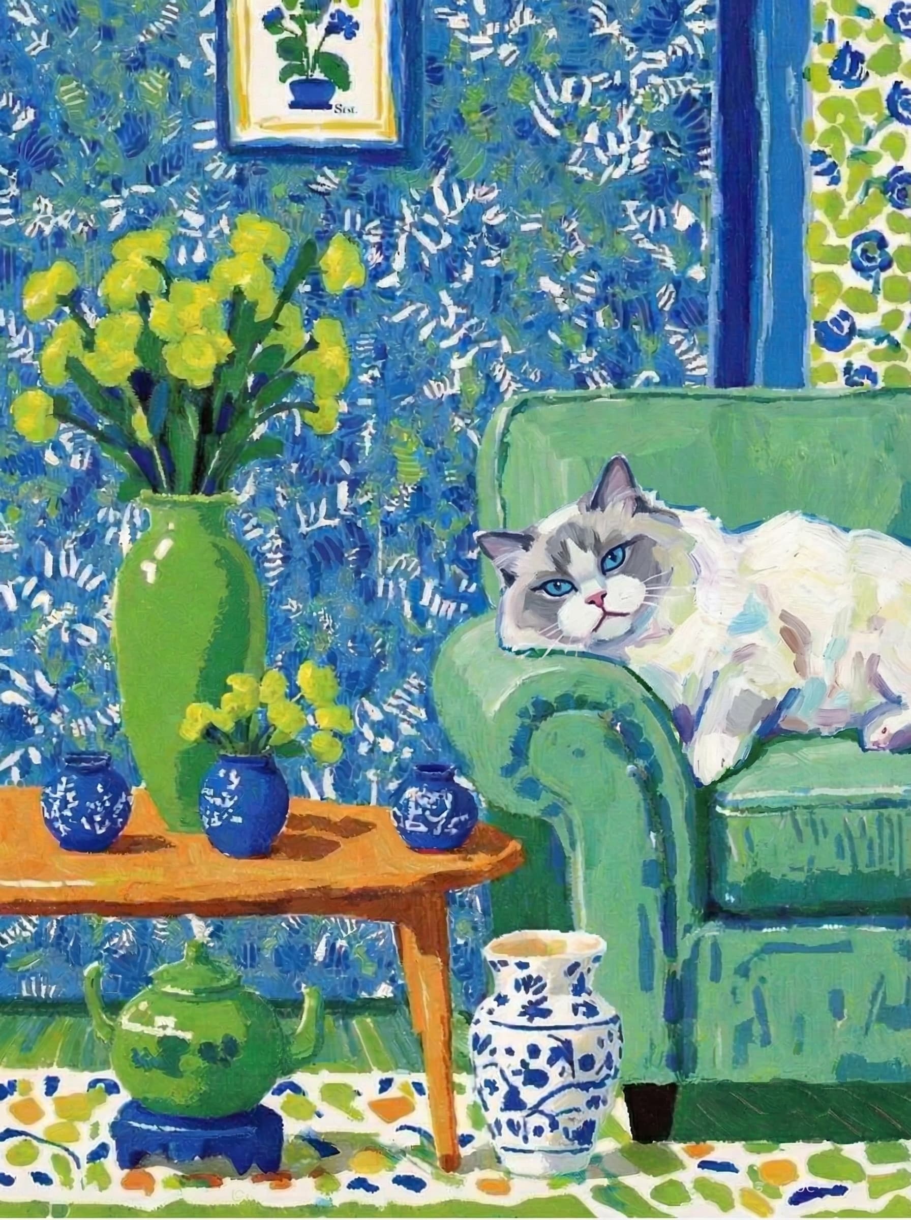 A pet lazy lying on the couch, with head tilt on the edge of couch, eye looking at the the vase. paint in post-impressionism style. Use saturated, non-naturalistic colors and flattened perspective reminiscent of Henri Matisse. painterly and expressive, utilizing thick, confident strokes and quick, rhythmic marks that prioritize texture and visual energy over realistic blending or depth.