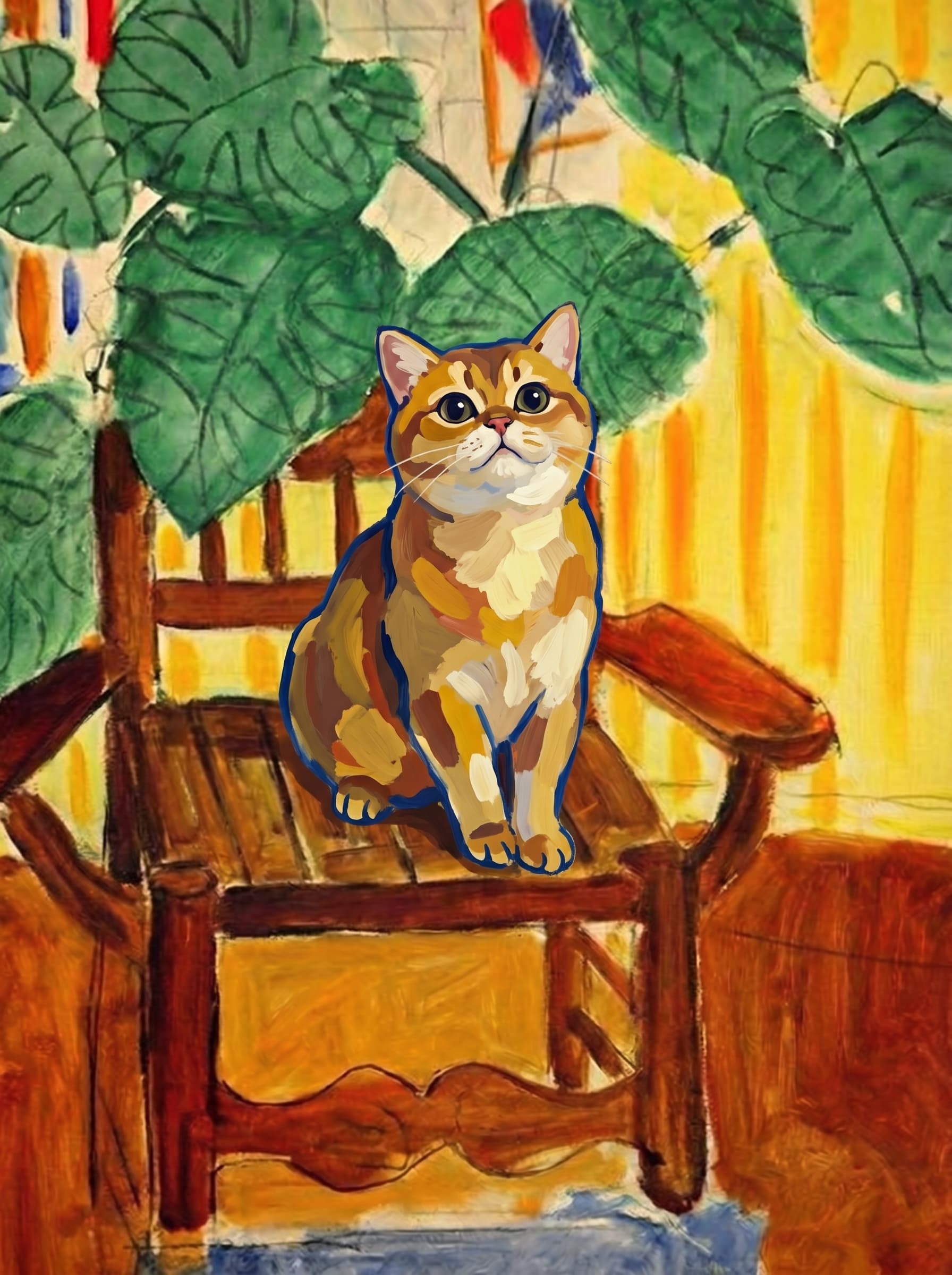 A pet sitting on a brown chair, looking at the viewer. Art Style: Paint in Fauvism, post-impressionism style. Use simplified shapes, exaggerates color, and flattens perspective to create charm and personality.
Use saturated, non-naturalistic colors and flattened perspective reminiscent of Henri Matisse.
The brushwork is loose, visible, and painterly, with uneven strokes that give the surface texture and movement.
Paint with large areas of flat color patches, simplified shapes, bold decorative outlines, and minimal blending.
The composition is flattened and slightly distorted, with compressed perspective.
The painting is expressive, utilizing thick, confident strokes and quick, rhythmic marks that prioritize texture and visual energy over realistic blending or depth.