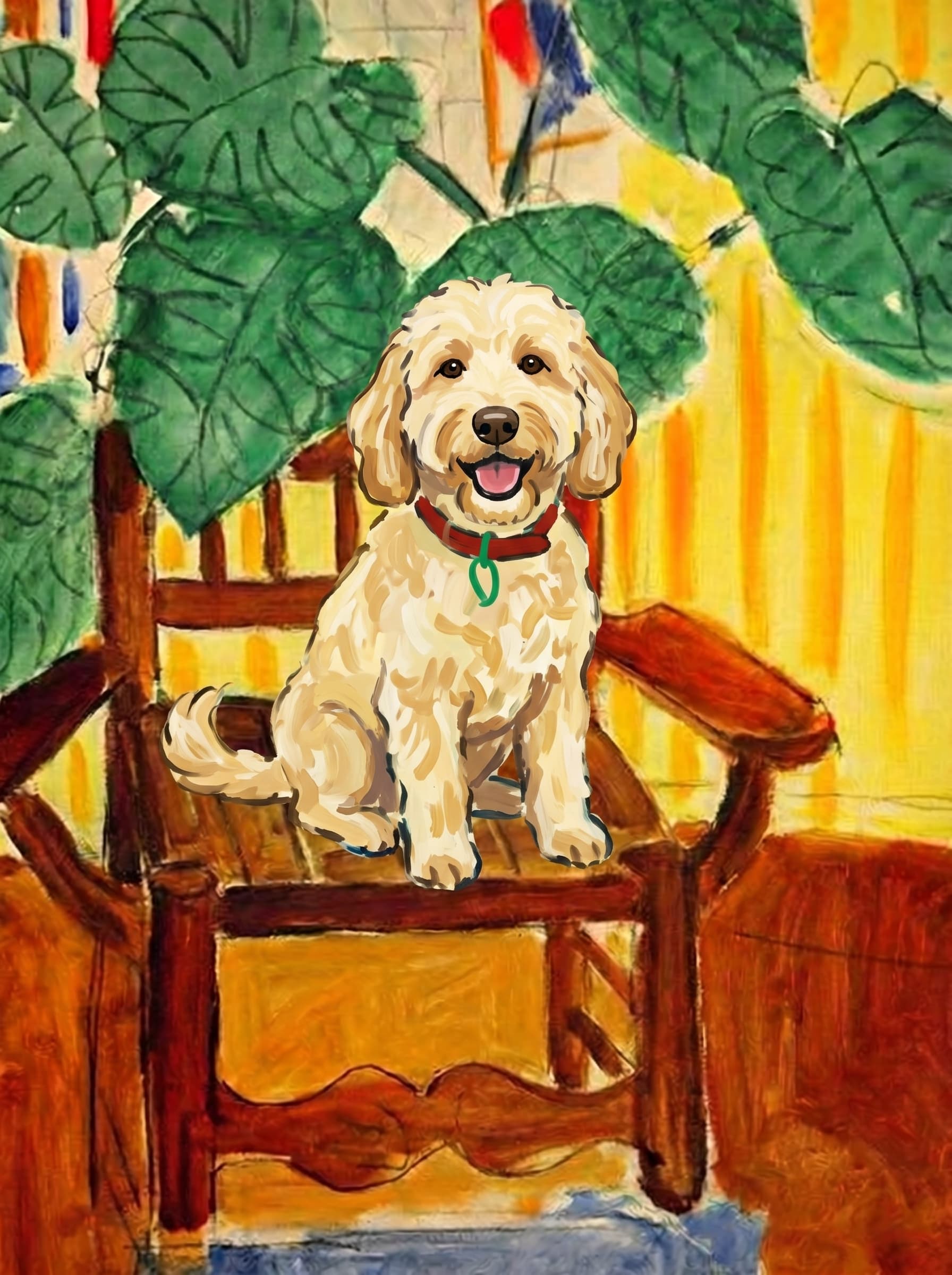 A pet sitting on a brown chair, looking at the viewer. Colors are applied with minimal blending, creating a flat, illustrative feel. The brushwork is broad, rapid, and direct. Strokes are loose, visible, applied thinly, defining the forms quickly without building up significant physical texture or impasto on the surface.