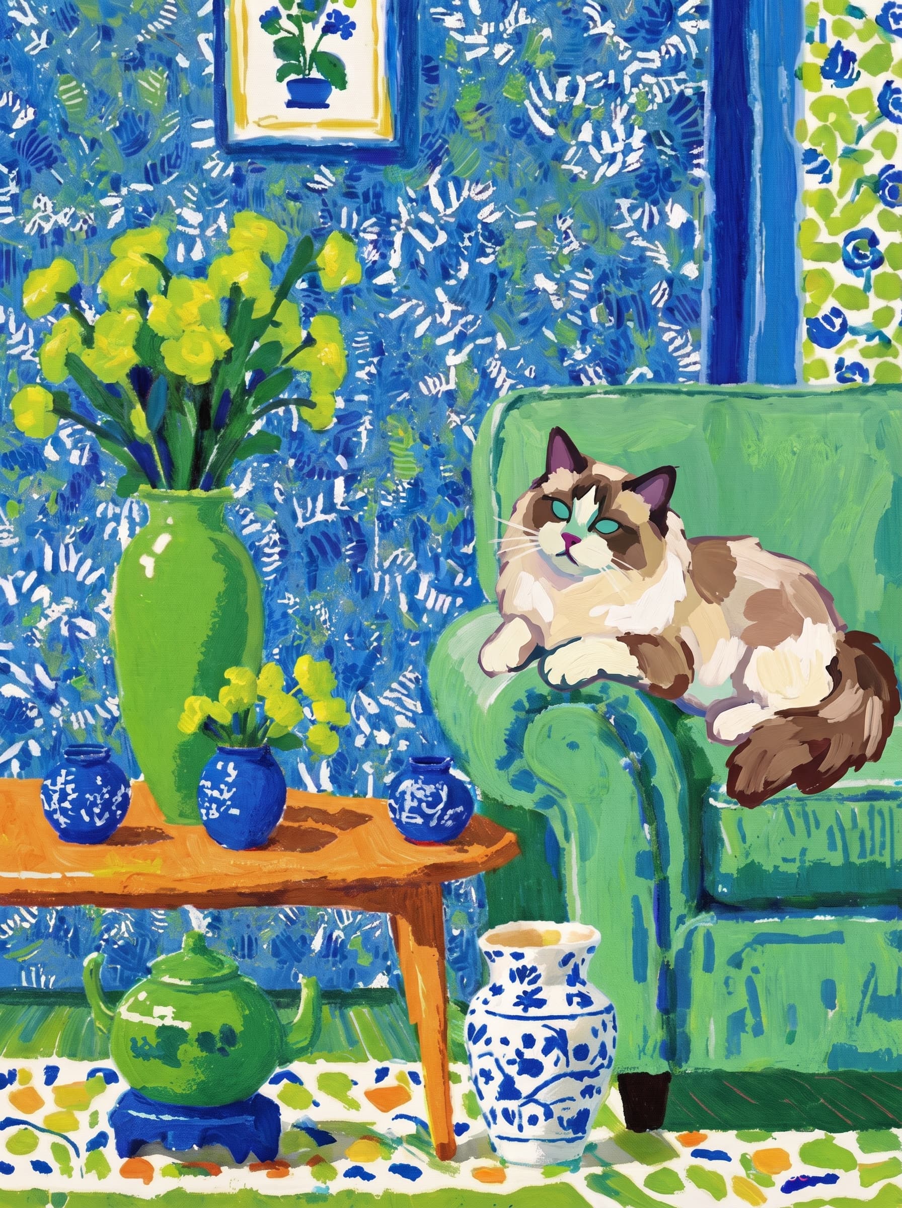 A pet lazy lying on the couch, with head tilt on the edge of couch, eye looking at the the vase. Art Style: Paint in Fauvism, post-impressionism style. Use simplified shapes, exaggerates color, and flattens perspective to create charm and personality.
Use saturated, non-naturalistic colors and flattened perspective reminiscent of Henri Matisse.
The brushwork is loose, visible, and painterly, with uneven strokes that give the surface texture and movement.
Paint with large areas of flat color patches, simplified shapes, bold decorative outlines, and minimal blending.
The composition is flattened and slightly distorted, with compressed perspective.
The painting is expressive, utilizing thick, confident strokes and quick, rhythmic marks that prioritize texture and visual energy over realistic blending or depth.