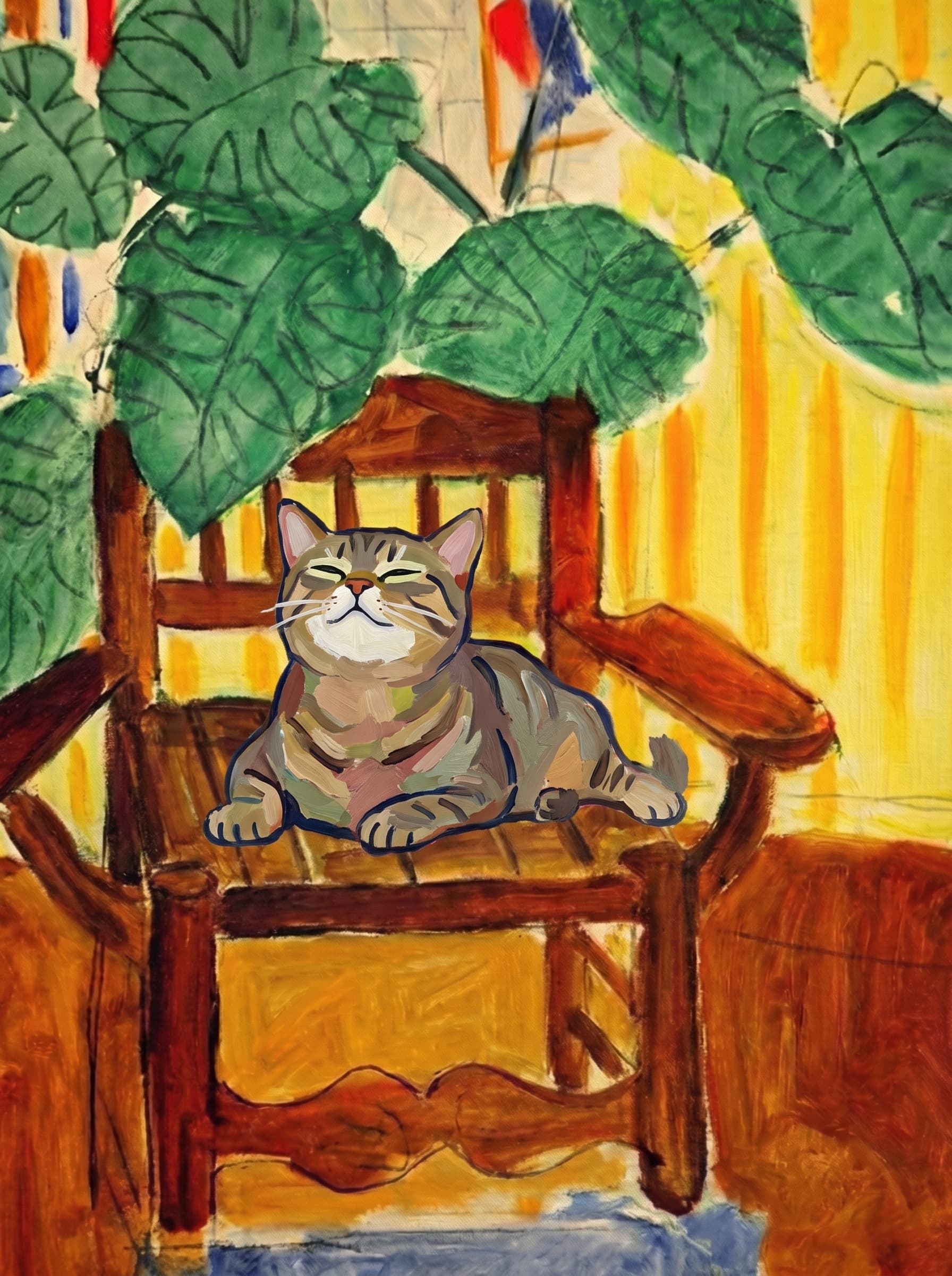A pet sitting on a brown chair, looking at the viewer. Art Style: Paint in Fauvism, post-impressionism style. Use simplified shapes, exaggerates color, and flattens perspective to create charm and personality.
Use saturated, non-naturalistic colors and flattened perspective reminiscent of Henri Matisse.
The brushwork is loose, visible, and painterly, with uneven strokes that give the surface texture and movement.
Paint with large areas of flat color patches, simplified shapes, bold decorative outlines, and minimal blending.
The composition is flattened and slightly distorted, with compressed perspective.
The painting is expressive, utilizing thick, confident strokes and quick, rhythmic marks that prioritize texture and visual energy over realistic blending or depth.