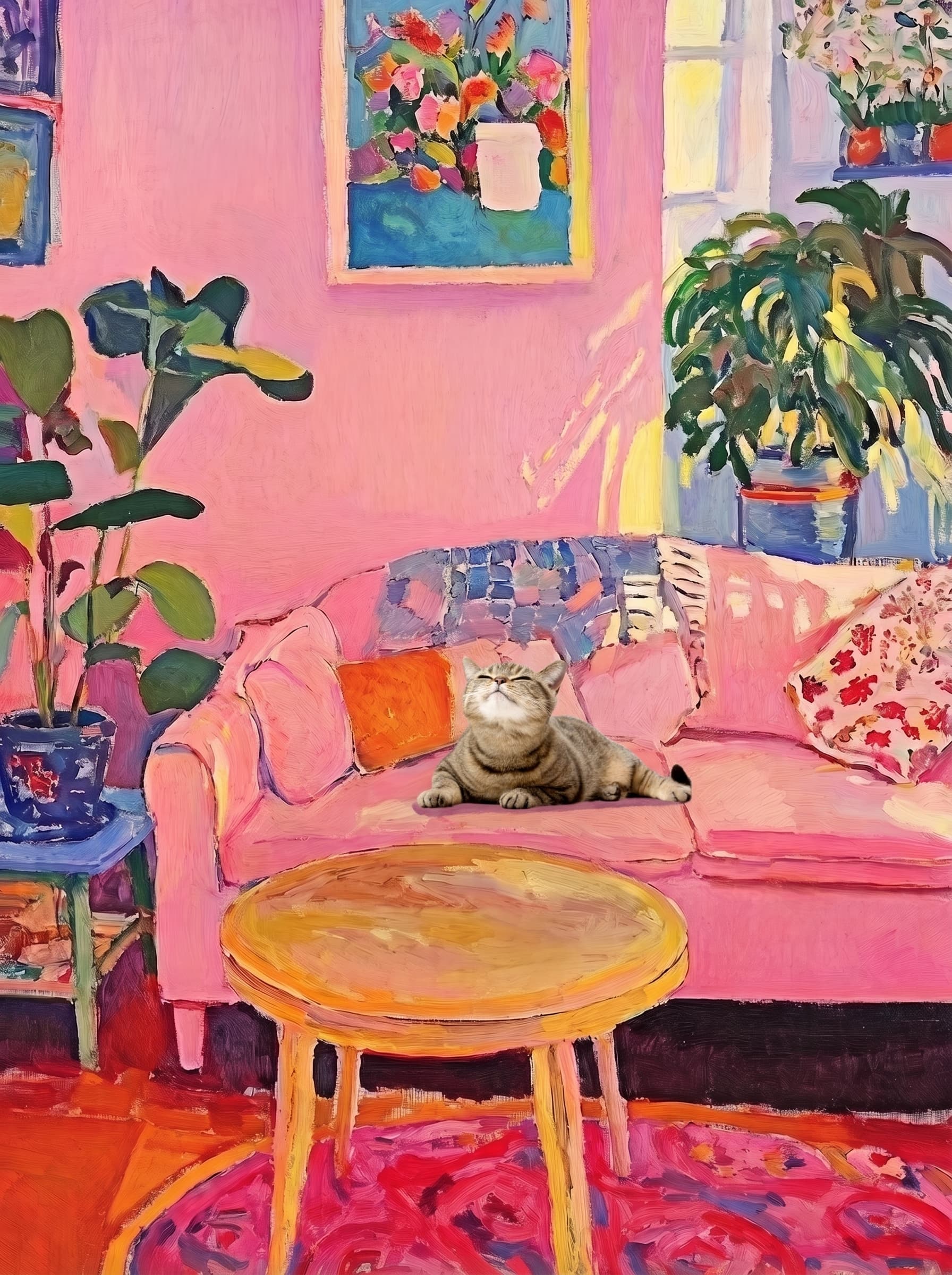 The painting shows a cozy, colorful interior with a warm pink wall and a large pink sofa in the foreground.
The pet is resting lazily on a bright pink velvet sofa. The pet’s looked completely relaxed and content.
The overall mood is cheerful and intimate, with bold outlines, visible brushstrokes, and slightly simplified forms.
Art Style: Paint in Fauvism, post-impressionism style. Use simplified shapes, exaggerates color, and flattens perspective to create charm and personality.
Use saturated, non-naturalistic colors and flattened perspective reminiscent of Henri Matisse.
The brushwork is loose, visible, and painterly, with uneven strokes that give the surface texture and movement.
Paint with large areas of flat color patches, simplified shapes, bold decorative outlines, and minimal blending.
The composition is flattened and slightly distorted, with compressed perspective.
The painting is expressive, utilizing thick, confident strokes and quick, rhythmic marks that prioritize texture and visual energy over realistic blending or depth.