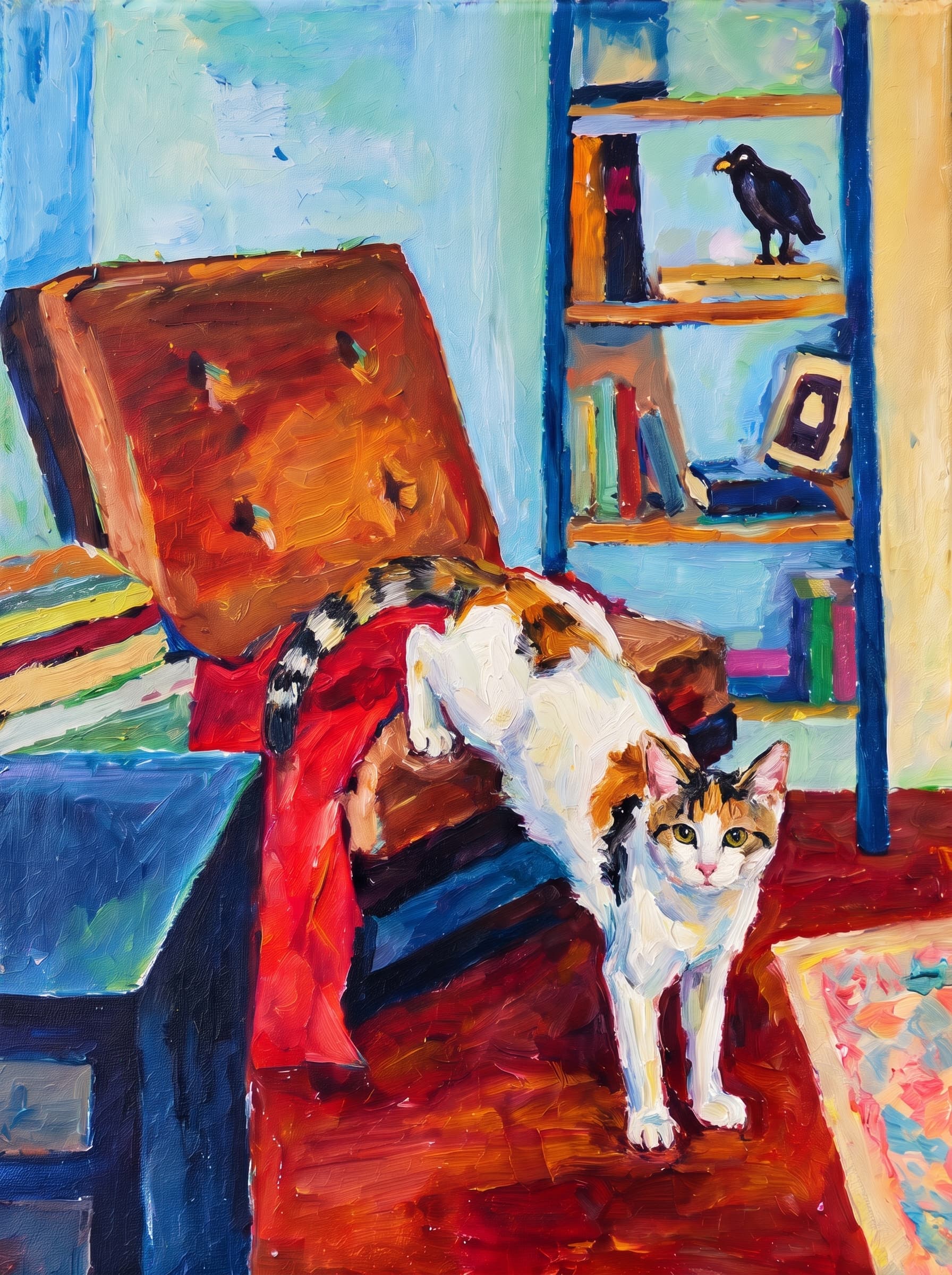 An oil painting in an Impressionist impasto style depicts a warm, cozy indoor space centered around a large, reclined armchair featuring a brown tufted cushion and a vivid red blanket draped across its seat.
Behind the chair stands a rich blue bookshelf adorned with colorful books, a picture frame, and a dark bird figurine perched on the top shelf.
To the left, a matching blue side table holds stacked books, while the room's floor glows in deep mahogany and amber hues alongside a patterned pastel rug.
The vibrant composition is completed by a background of soft turquoise, sky blue, and buttery yellow wall tones, all rendered with thick, visible brushstrokes that lend a lively texture to the scene.
The pet is standing upright on its two front legs, which rest on the dark reddish floor in the foreground. Its rear legs and body are elevated, resting on the seat of the brown reclined armchair, draped over the red blanket.
Paint the pet with the same thick impasto brushstrokes and vivid palette as the rest of the painting.