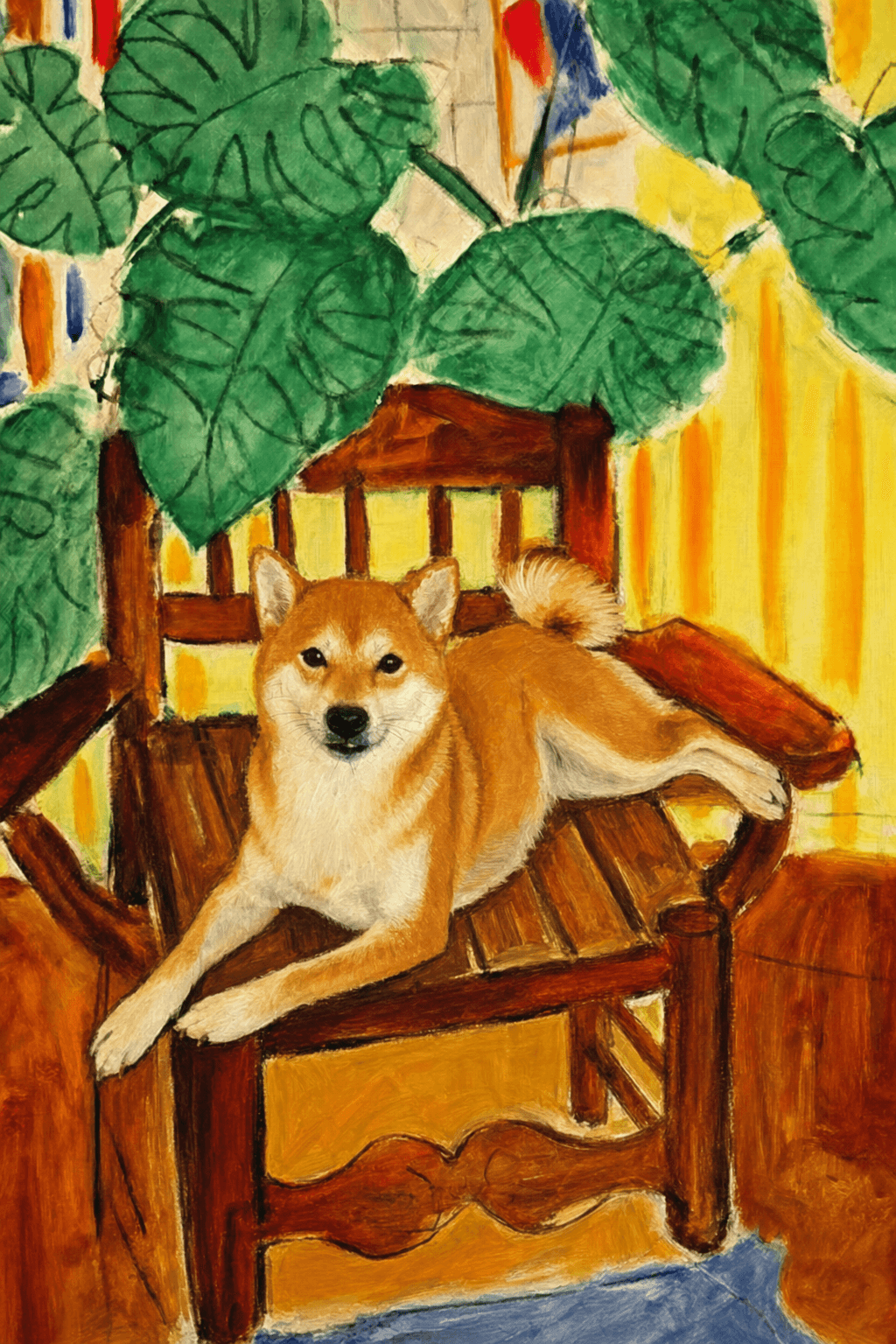 A pet sitting on a brown chair, looking at the viewer. Colors are applied with minimal blending, creating a flat, illustrative feel. The brushwork is broad, rapid, and direct. Strokes are loose, visible, applied thinly, defining the forms quickly without building up significant physical texture or impasto on the surface.