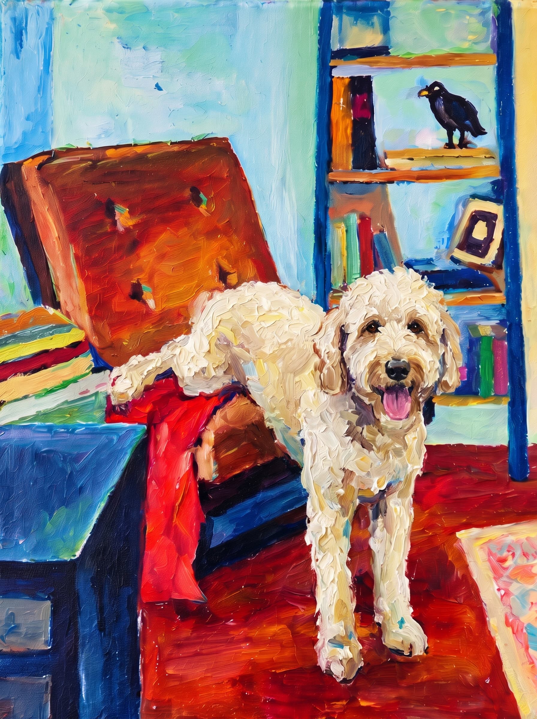 An oil painting in an Impressionist impasto style depicts a warm, cozy indoor space centered around a large, reclined armchair featuring a brown tufted cushion and a vivid red blanket draped across its seat.
Behind the chair stands a rich blue bookshelf adorned with colorful books, a picture frame, and a dark bird figurine perched on the top shelf.
To the left, a matching blue side table holds stacked books, while the room's floor glows in deep mahogany and amber hues alongside a patterned pastel rug.
The vibrant composition is completed by a background of soft turquoise, sky blue, and buttery yellow wall tones, all rendered with thick, visible brushstrokes that lend a lively texture to the scene.
The pet is standing upright on its two front legs, which rest on the dark reddish floor in the foreground. Its rear legs and body are elevated, resting on the seat of the brown reclined armchair, draped over the red blanket.
Paint the pet with the same thick impasto brushstrokes and vivid palette as the rest of the painting.