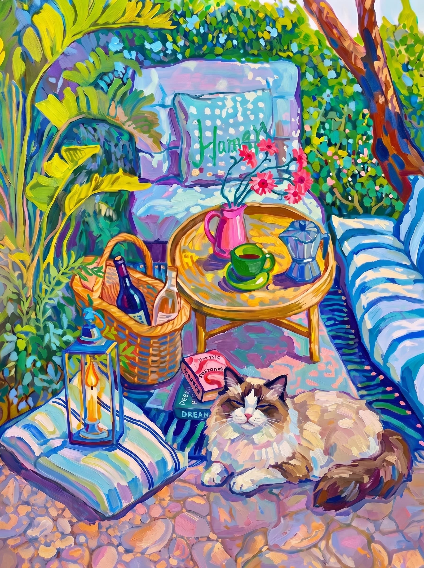 a cozy garden patio filled with lush tropical greenery, blue-and-white striped cushions, a round rattan table, picnic basket, lantern, books, flowers.
The pet is lazily resting in the foreground, almost fall asleep with a relaxed and content expression.
The composition feels intimate and inviting, with foliage and a tree trunk framing the scene, the circular table anchoring the center, and expressive brushwork plus dappled light creating a lively, relaxed outdoor atmosphere.
Art Style: Paint in Fauvism, post-impressionism style. Use simplified shapes, exaggerates color, and flattens perspective to create charm and personality.
Use saturated, non-naturalistic colors and flattened perspective reminiscent of Henri Matisse.
The brushwork is loose, visible, and painterly, with uneven strokes that give the surface texture and movement.
Paint with large areas of flat color patches, simplified shapes, bold decorative outlines, and minimal blending.
The composition is flattened and slightly distorted, with compressed perspective.
The painting is expressive, utilizing thick, confident strokes and quick, rhythmic marks that prioritize texture and visual energy over realistic blending or depth.