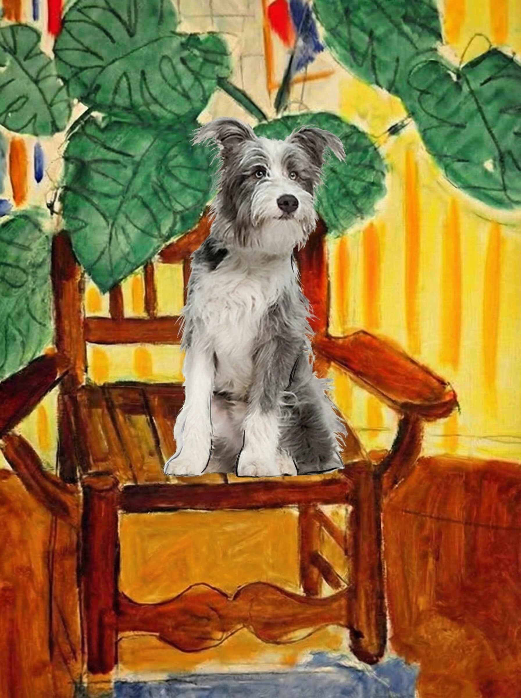 A pet sitting on a brown chair, looking at the viewer. Colors are applied with minimal blending, creating a flat, illustrative feel. The brushwork is broad, rapid, and direct. Strokes are loose, visible, applied thinly, defining the forms quickly without building up significant physical texture or impasto on the surface.
