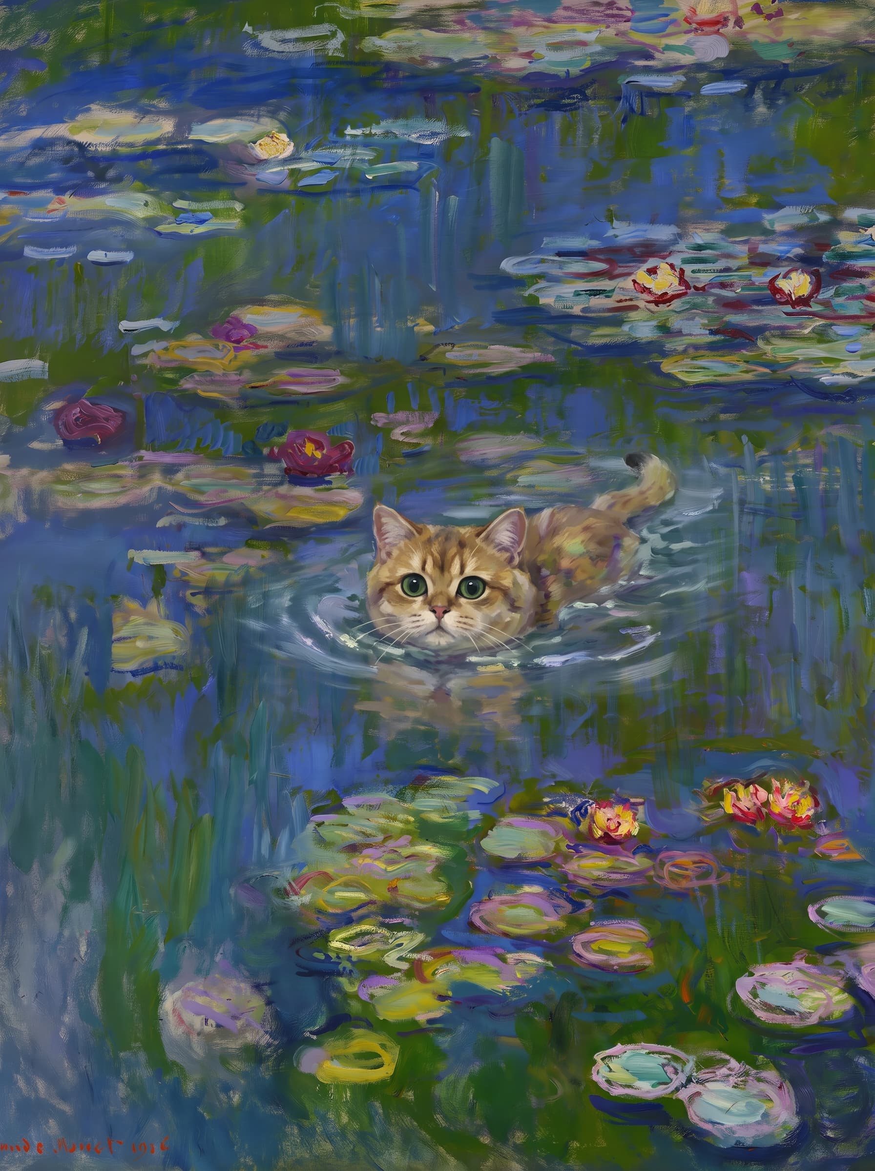 The pet should appear naturally integrated into the middle of the pond, swimming calmly through the water with only its head, upper neck, and a subtle suggestion of its back visible above the surface.
The pet should be facing forward and looking directly at the viewer. Its wet fur should be suggested through painterly strokes.
Blend the pet into the scene using Monet-like impressionist oil painting techniques: visible layered brushstrokes, soft broken color, blue-green reflections, violet shadows, golden-orange highlights, and shimmering ripples around the pet.
The water should partially obscure the pet’s body, with delicate circular ripples spreading outward. Nearby lily pads and water lilies should remain undisturbed but subtly interact with the ripples.
The pet must feel like it was originally painted into the artwork, not pasted on top. Match the atmospheric softness, painterly texture, scale, perspective, and color harmony of the original Water Lilies painting.
Avoid photorealism, sharp outlines, modern digital effects, or excessive detail. The final image should look like a whimsical impressionist oil painting in the spirit of late Monet, with the pet quietly swimming among the lily pads at the center of the pond.
Art Style: Paint in Fauvism, post-impressionism style. Use simplified shapes, exaggerates color, and flattens perspective to create charm and personality.
Use saturated, non-naturalistic colors and flattened perspective reminiscent of Henri Matisse.
The brushwork is loose, visible, and painterly, with uneven strokes that give the surface texture and movement.
Paint with large areas of flat color patches, simplified shapes, bold decorative outlines, and minimal blending.
The composition is flattened and slightly distorted, with compressed perspective.
The painting is expressive, utilizing thick, confident strokes and quick, rhythmic marks that prioritize texture and visual energy over realistic blending or depth.