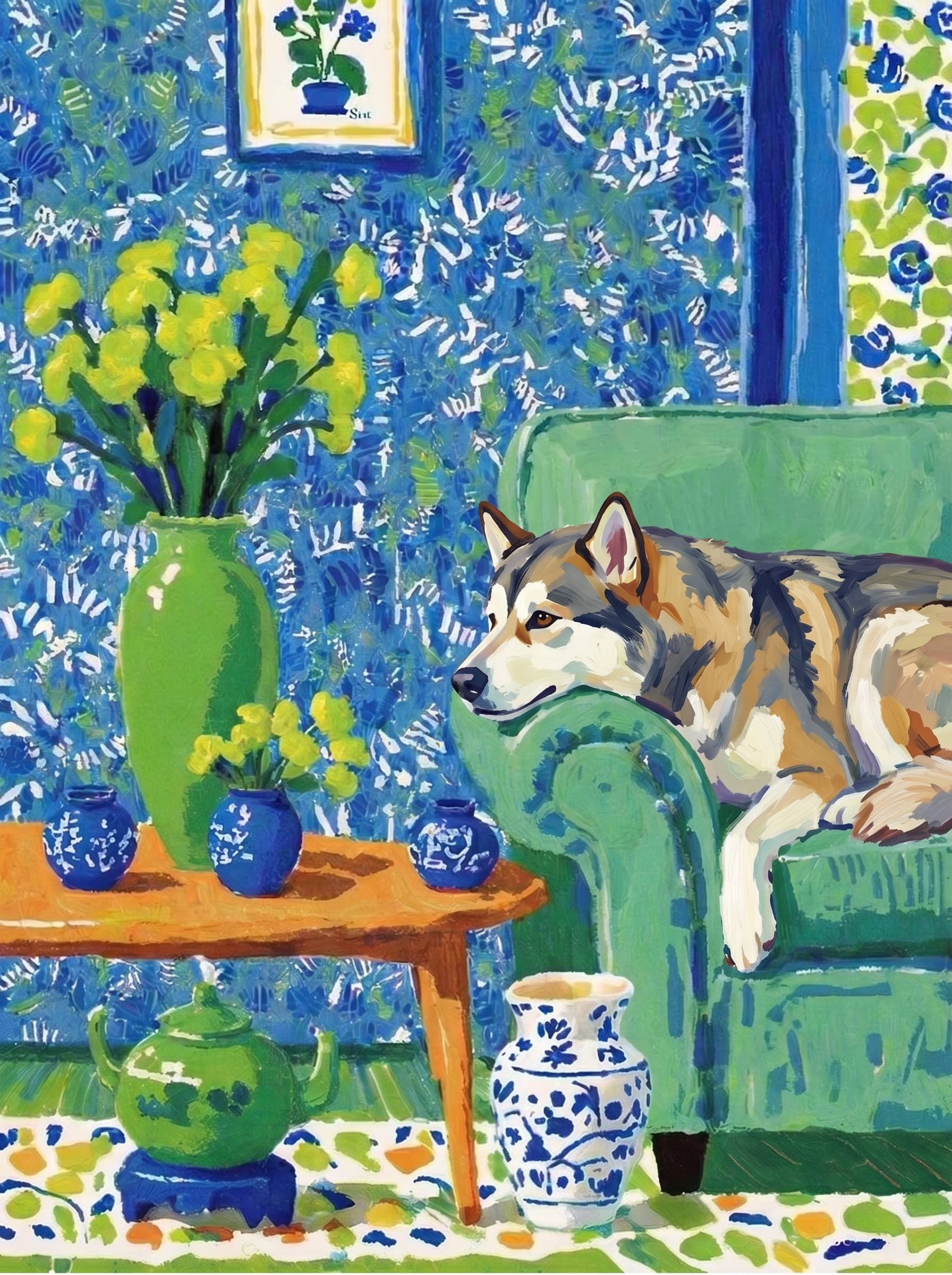 A pet lazy lying on the couch, with head tilt on the edge of couch, eye looking at the the vase. Art Style: Paint in Fauvism, post-impressionism style. Use simplified shapes, exaggerates color, and flattens perspective to create charm and personality.
Use saturated, non-naturalistic colors and flattened perspective reminiscent of Henri Matisse.
The brushwork is loose, visible, and painterly, with uneven strokes that give the surface texture and movement.
Paint with large areas of flat color patches, simplified shapes, bold decorative outlines, and minimal blending.
The composition is flattened and slightly distorted, with compressed perspective.
The painting is expressive, utilizing thick, confident strokes and quick, rhythmic marks that prioritize texture and visual energy over realistic blending or depth.