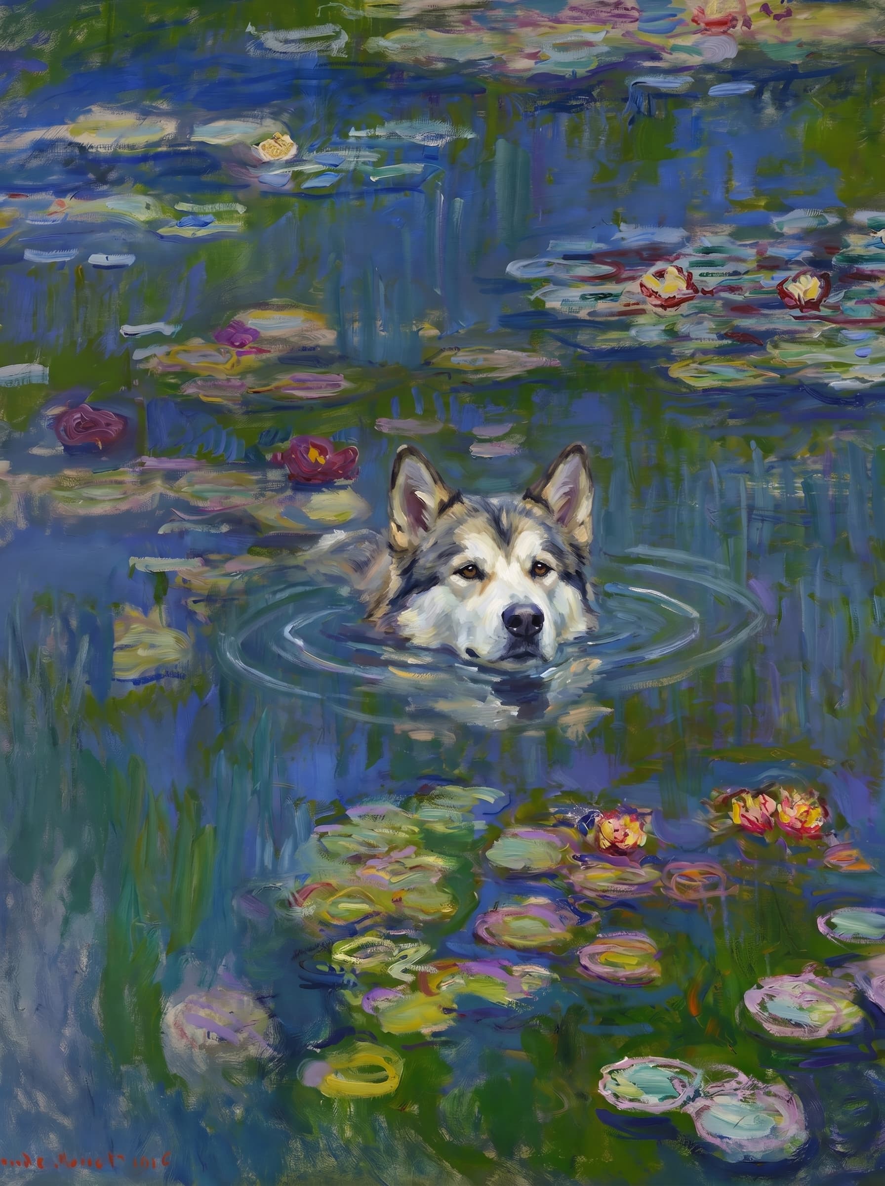 The pet should appear naturally integrated into the middle of the pond, swimming calmly through the water with only its head, upper neck, and a subtle suggestion of its back visible above the surface.
The pet should be facing forward and looking directly at the viewer. Its wet fur should be suggested through painterly strokes.
Blend the pet into the scene using Monet-like impressionist oil painting techniques: visible layered brushstrokes, soft broken color, blue-green reflections, violet shadows, golden-orange highlights, and shimmering ripples around the pet.
The water should partially obscure the pet’s body, with delicate circular ripples spreading outward. Nearby lily pads and water lilies should remain undisturbed but subtly interact with the ripples.
The pet must feel like it was originally painted into the artwork, not pasted on top. Match the atmospheric softness, painterly texture, scale, perspective, and color harmony of the original Water Lilies painting.
Avoid photorealism, sharp outlines, modern digital effects, or excessive detail. The final image should look like a whimsical impressionist oil painting in the spirit of late Monet, with the pet quietly swimming among the lily pads at the center of the pond.
Art Style: Paint in Fauvism, post-impressionism style. Use simplified shapes, exaggerates color, and flattens perspective to create charm and personality.
Use saturated, non-naturalistic colors and flattened perspective reminiscent of Henri Matisse.
The brushwork is loose, visible, and painterly, with uneven strokes that give the surface texture and movement.
Paint with large areas of flat color patches, simplified shapes, bold decorative outlines, and minimal blending.
The composition is flattened and slightly distorted, with compressed perspective.
The painting is expressive, utilizing thick, confident strokes and quick, rhythmic marks that prioritize texture and visual energy over realistic blending or depth.