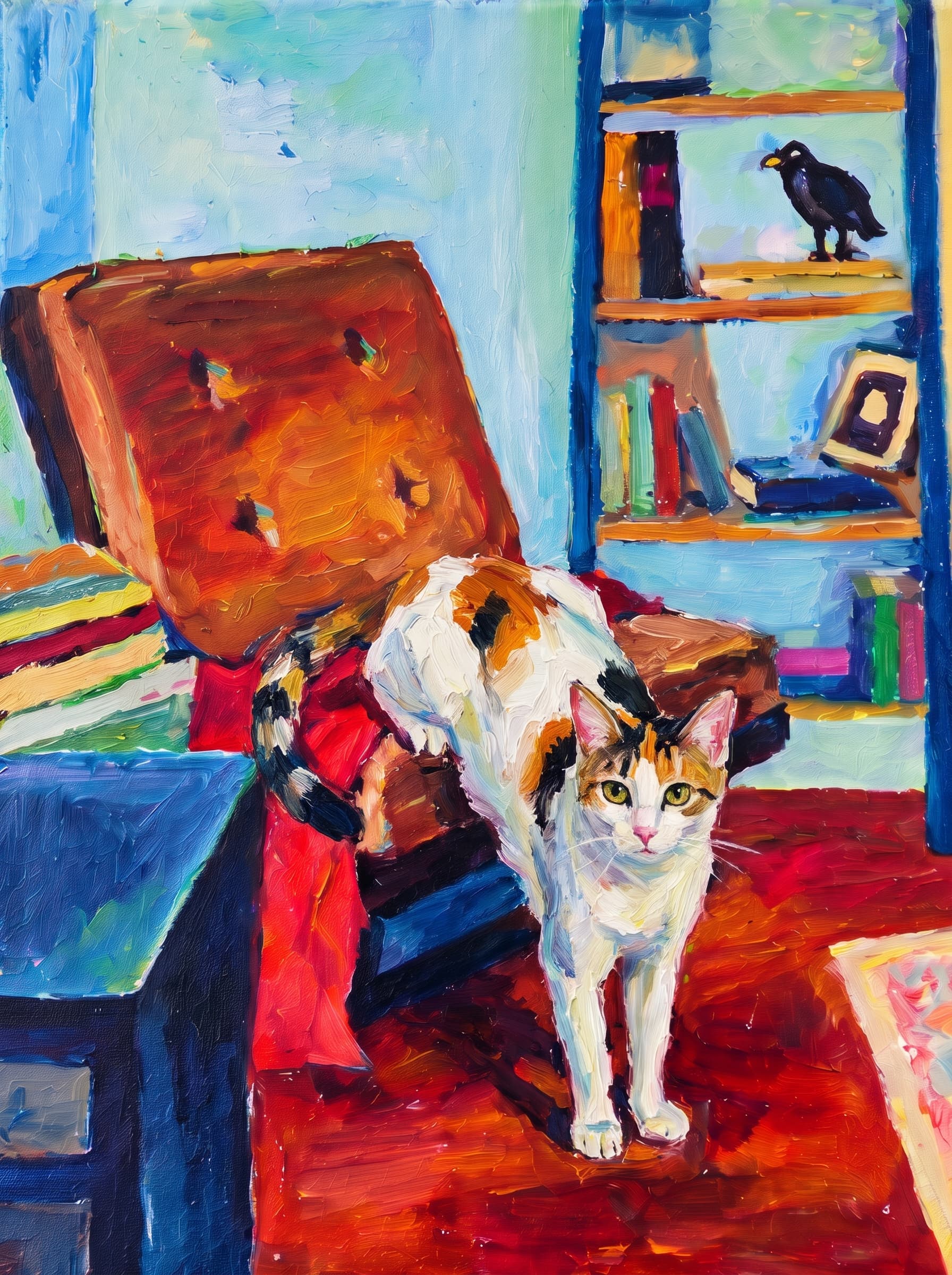 An oil painting in an Impressionist impasto style depicts a warm, cozy indoor space centered around a large, reclined armchair featuring a brown tufted cushion and a vivid red blanket draped across its seat.
Behind the chair stands a rich blue bookshelf adorned with colorful books, a picture frame, and a dark bird figurine perched on the top shelf.
To the left, a matching blue side table holds stacked books, while the room's floor glows in deep mahogany and amber hues alongside a patterned pastel rug.
The vibrant composition is completed by a background of soft turquoise, sky blue, and buttery yellow wall tones, all rendered with thick, visible brushstrokes that lend a lively texture to the scene.
The pet is standing upright on its two front legs, which rest on the dark reddish floor in the foreground. Its rear legs and body are elevated, resting on the seat of the brown reclined armchair, draped over the red blanket.
Paint the pet with the same thick impasto brushstrokes and vivid palette as the rest of the painting.