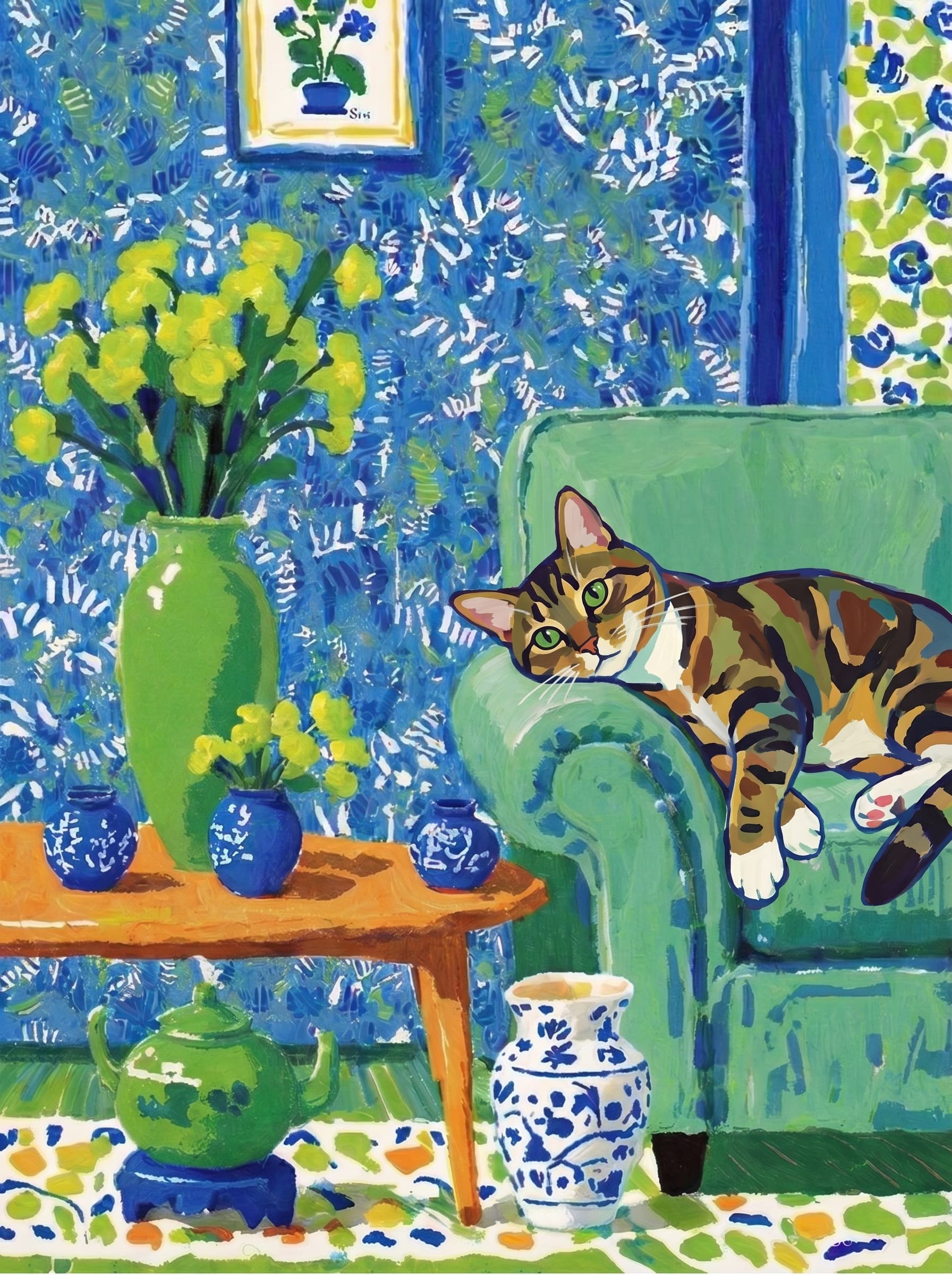 A pet lazy lying on the couch, with head tilt on the edge of couch, eye looking at the the vase. Art Style: Paint in Fauvism, post-impressionism style. Use simplified shapes, exaggerates color, and flattens perspective to create charm and personality.
Use saturated, non-naturalistic colors and flattened perspective reminiscent of Henri Matisse.
The brushwork is loose, visible, and painterly, with uneven strokes that give the surface texture and movement.
Paint with large areas of flat color patches, simplified shapes, bold decorative outlines, and minimal blending.
The composition is flattened and slightly distorted, with compressed perspective.
The painting is expressive, utilizing thick, confident strokes and quick, rhythmic marks that prioritize texture and visual energy over realistic blending or depth.