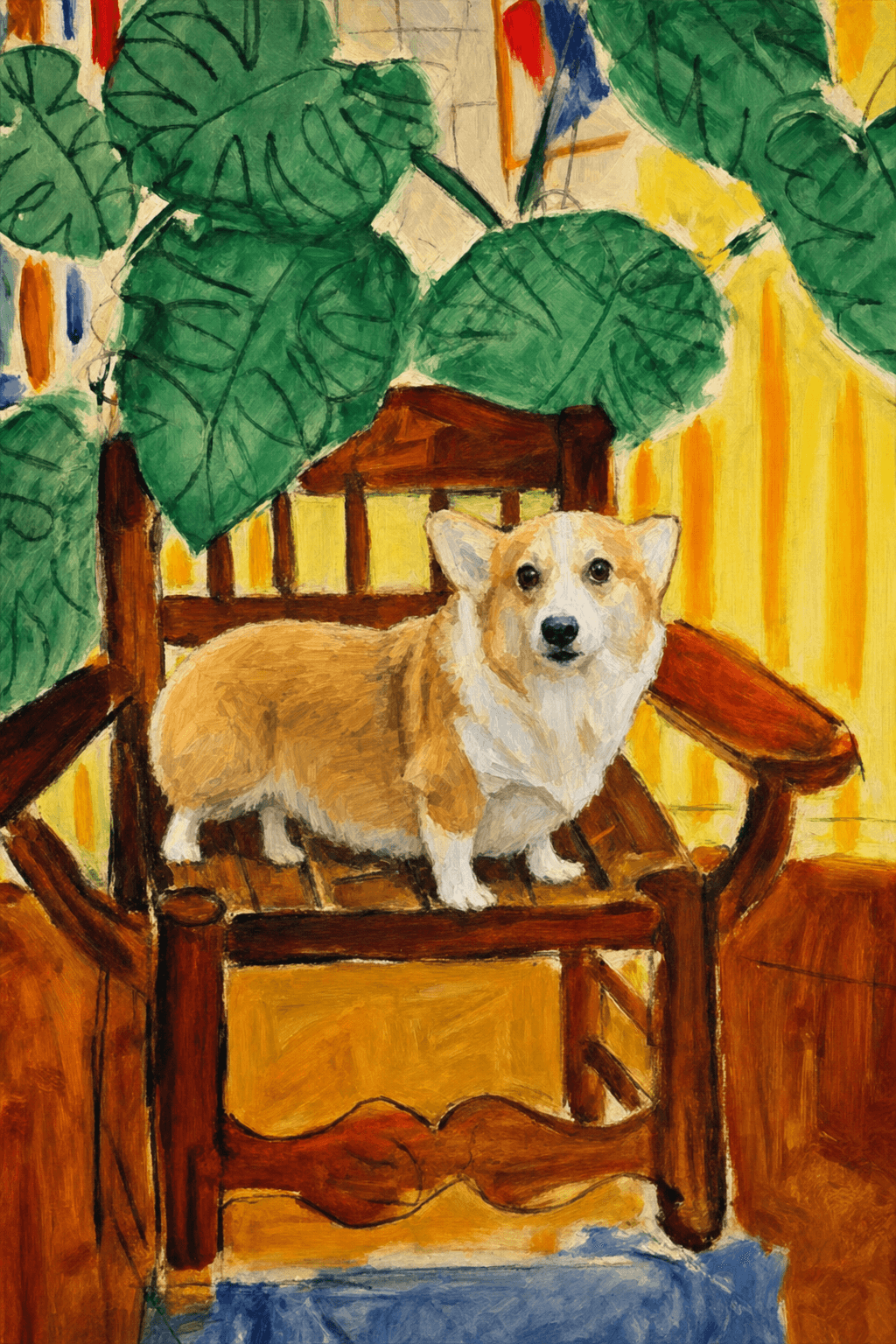 A pet sitting on a brown chair, looking at the viewer. Colors are applied with minimal blending, creating a flat, illustrative feel. The brushwork is broad, rapid, and direct. Strokes are loose, visible, applied thinly, defining the forms quickly without building up significant physical texture or impasto on the surface.