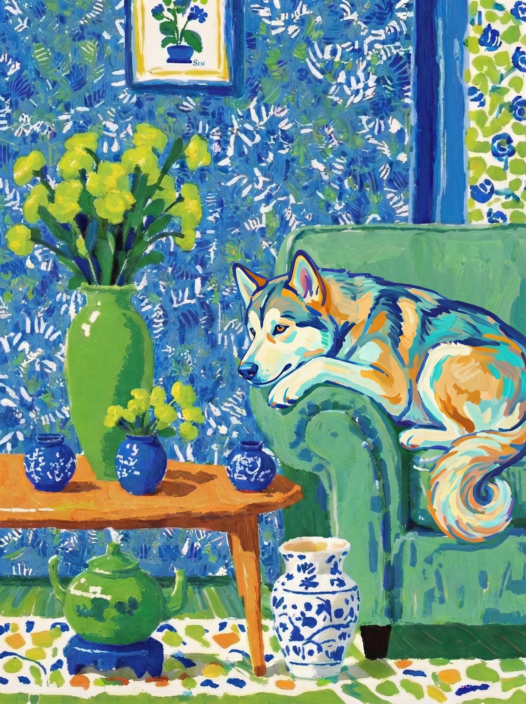 A pet lazy lying on the couch, with head tilt on the edge of couch, eye looking at the the vase. paint in post-impressionism style. Use saturated, non-naturalistic colors and flattened perspective reminiscent of Henri Matisse. painterly and expressive, utilizing thick, confident strokes and quick, rhythmic marks that prioritize texture and visual energy over realistic blending or depth.