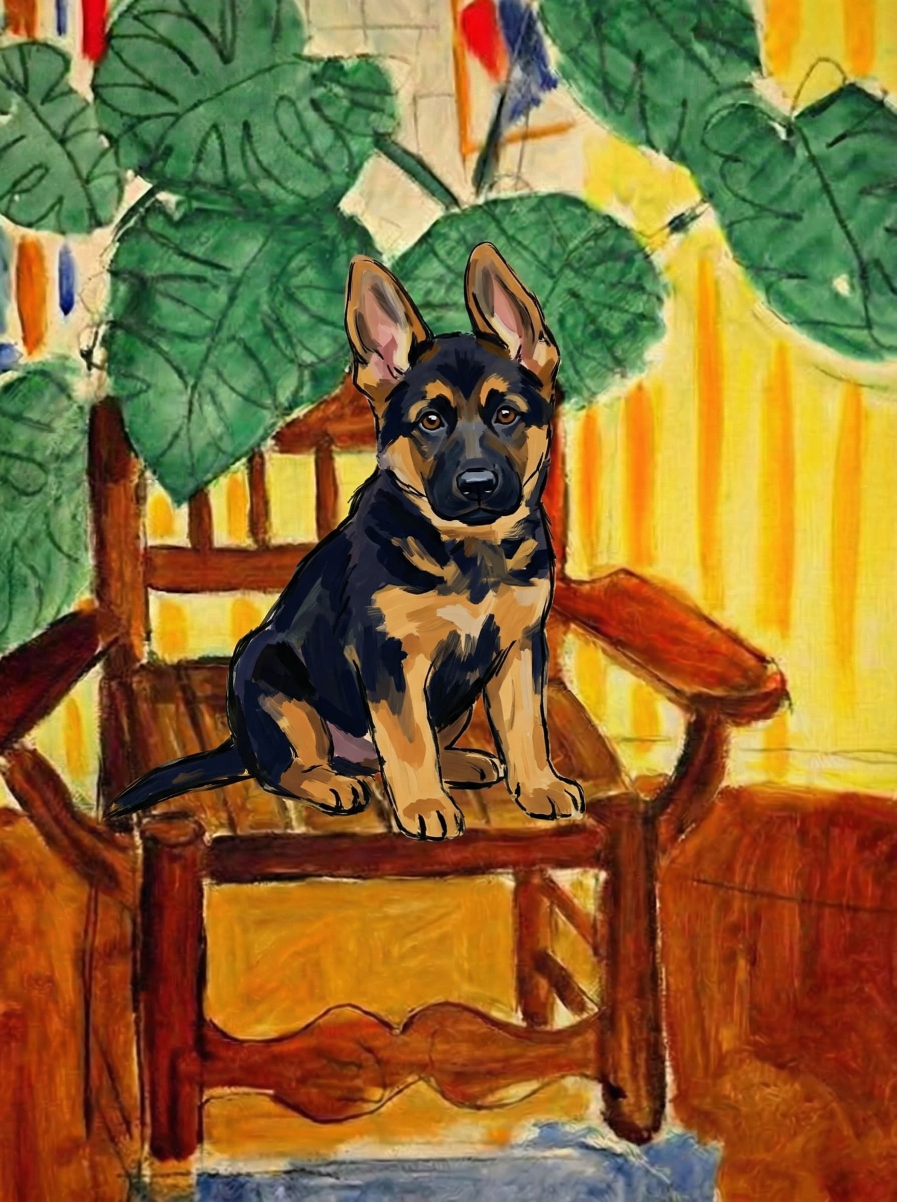A pet sitting on a brown chair, looking at the viewer. Colors are applied with minimal blending, creating a flat, illustrative feel. The brushwork is broad, rapid, and direct. Strokes are loose, visible, applied thinly, defining the forms quickly without building up significant physical texture or impasto on the surface.