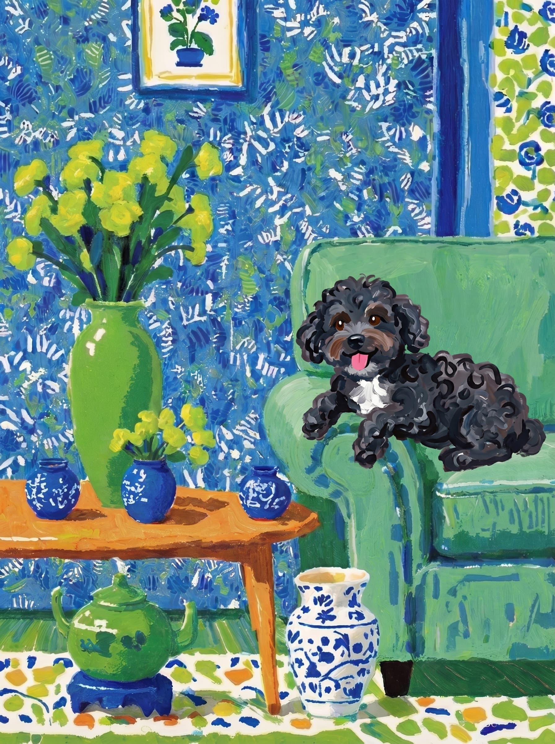 A pet lazy lying on the couch, with head tilt on the edge of couch, eye looking at the the vase. Art Style: Paint in Fauvism, post-impressionism style. Use simplified shapes, exaggerates color, and flattens perspective to create charm and personality.
Use saturated, non-naturalistic colors and flattened perspective reminiscent of Henri Matisse.
The brushwork is loose, visible, and painterly, with uneven strokes that give the surface texture and movement.
Paint with large areas of flat color patches, simplified shapes, bold decorative outlines, and minimal blending.
The composition is flattened and slightly distorted, with compressed perspective.
The painting is expressive, utilizing thick, confident strokes and quick, rhythmic marks that prioritize texture and visual energy over realistic blending or depth.