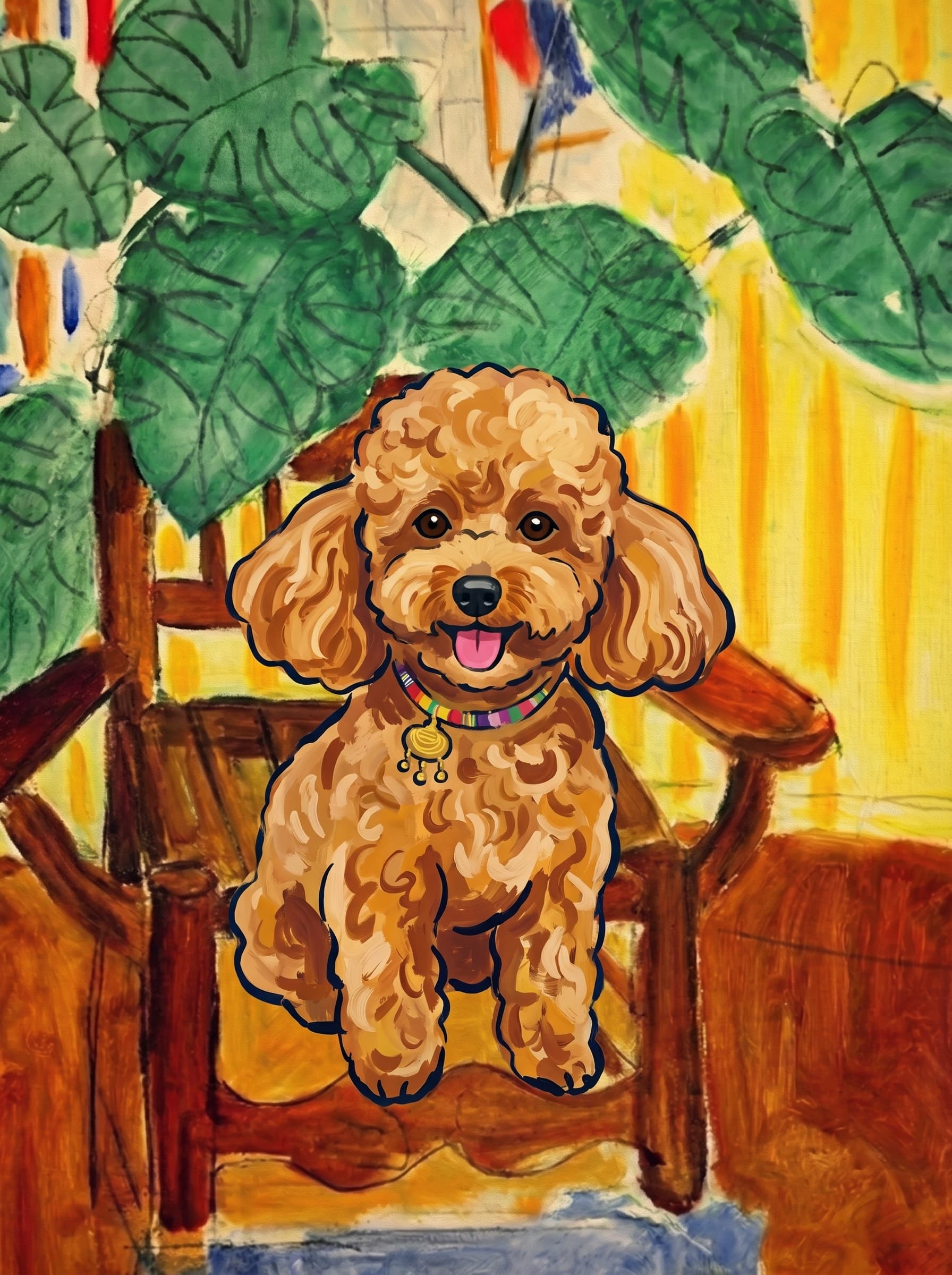 A pet sitting on a brown chair, looking at the viewer. Art Style: Paint in Fauvism, post-impressionism style. Use simplified shapes, exaggerates color, and flattens perspective to create charm and personality.
Use saturated, non-naturalistic colors and flattened perspective reminiscent of Henri Matisse.
The brushwork is loose, visible, and painterly, with uneven strokes that give the surface texture and movement.
Paint with large areas of flat color patches, simplified shapes, bold decorative outlines, and minimal blending.
The composition is flattened and slightly distorted, with compressed perspective.
The painting is expressive, utilizing thick, confident strokes and quick, rhythmic marks that prioritize texture and visual energy over realistic blending or depth.