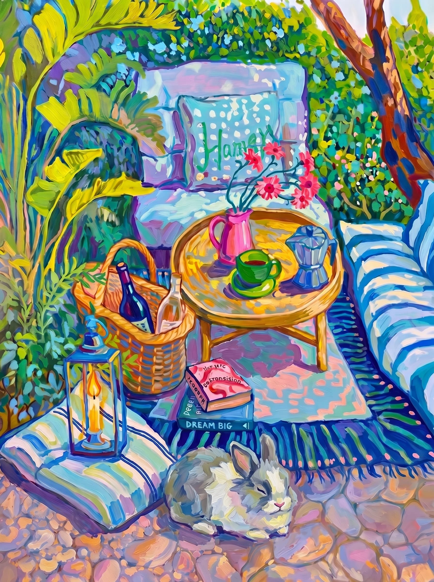 a cozy garden patio filled with lush tropical greenery, blue-and-white striped cushions, a round rattan table, picnic basket, lantern, books, flowers.
The pet is lazily resting in the foreground, almost fall asleep with a relaxed and content expression.
The composition feels intimate and inviting, with foliage and a tree trunk framing the scene, the circular table anchoring the center, and expressive brushwork plus dappled light creating a lively, relaxed outdoor atmosphere.
Art Style: Paint in Fauvism, post-impressionism style. Use simplified shapes, exaggerates color, and flattens perspective to create charm and personality.
Use saturated, non-naturalistic colors and flattened perspective reminiscent of Henri Matisse.
The brushwork is loose, visible, and painterly, with uneven strokes that give the surface texture and movement.
Paint with large areas of flat color patches, simplified shapes, bold decorative outlines, and minimal blending.
The composition is flattened and slightly distorted, with compressed perspective.
The painting is expressive, utilizing thick, confident strokes and quick, rhythmic marks that prioritize texture and visual energy over realistic blending or depth.