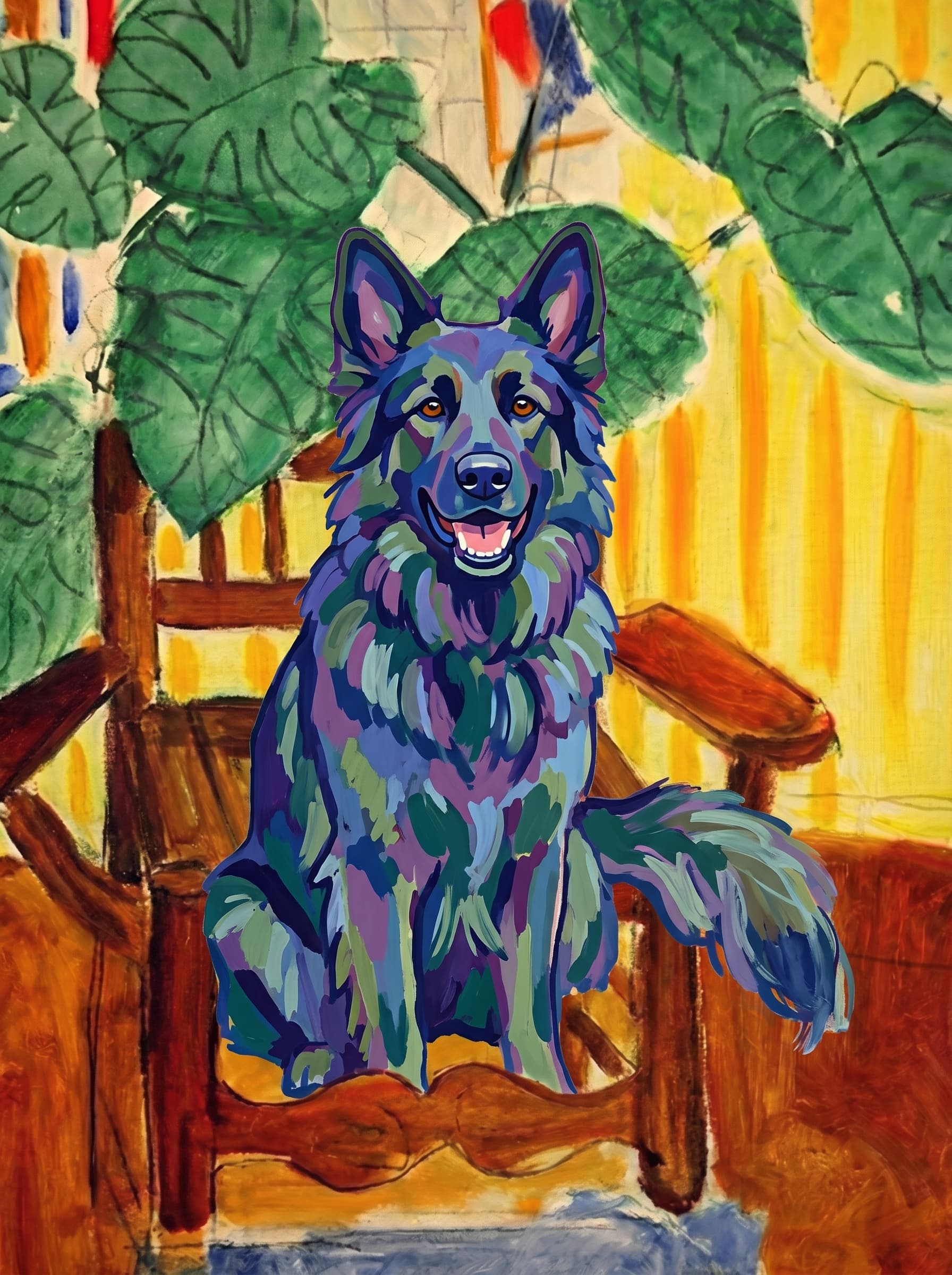 A pet sitting on a brown chair, looking at the viewer. Art Style: Paint in Fauvism, post-impressionism style. Use simplified shapes, exaggerates color, and flattens perspective to create charm and personality.
Use saturated, non-naturalistic colors and flattened perspective reminiscent of Henri Matisse.
The brushwork is loose, visible, and painterly, with uneven strokes that give the surface texture and movement.
Paint with large areas of flat color patches, simplified shapes, bold decorative outlines, and minimal blending.
The composition is flattened and slightly distorted, with compressed perspective.
The painting is expressive, utilizing thick, confident strokes and quick, rhythmic marks that prioritize texture and visual energy over realistic blending or depth.