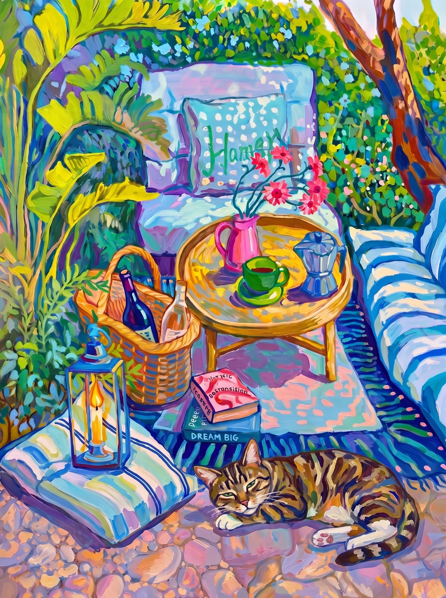 a cozy garden patio filled with lush tropical greenery, blue-and-white striped cushions, a round rattan table, picnic basket, lantern, books, flowers.
The pet is lazily resting in the foreground, almost fall asleep with a relaxed and content expression.
The composition feels intimate and inviting, with foliage and a tree trunk framing the scene, the circular table anchoring the center, and expressive brushwork plus dappled light creating a lively, relaxed outdoor atmosphere.
Art Style: Paint in Fauvism, post-impressionism style. Use simplified shapes, exaggerates color, and flattens perspective to create charm and personality.
Use saturated, non-naturalistic colors and flattened perspective reminiscent of Henri Matisse.
The brushwork is loose, visible, and painterly, with uneven strokes that give the surface texture and movement.
Paint with large areas of flat color patches, simplified shapes, bold decorative outlines, and minimal blending.
The composition is flattened and slightly distorted, with compressed perspective.
The painting is expressive, utilizing thick, confident strokes and quick, rhythmic marks that prioritize texture and visual energy over realistic blending or depth.