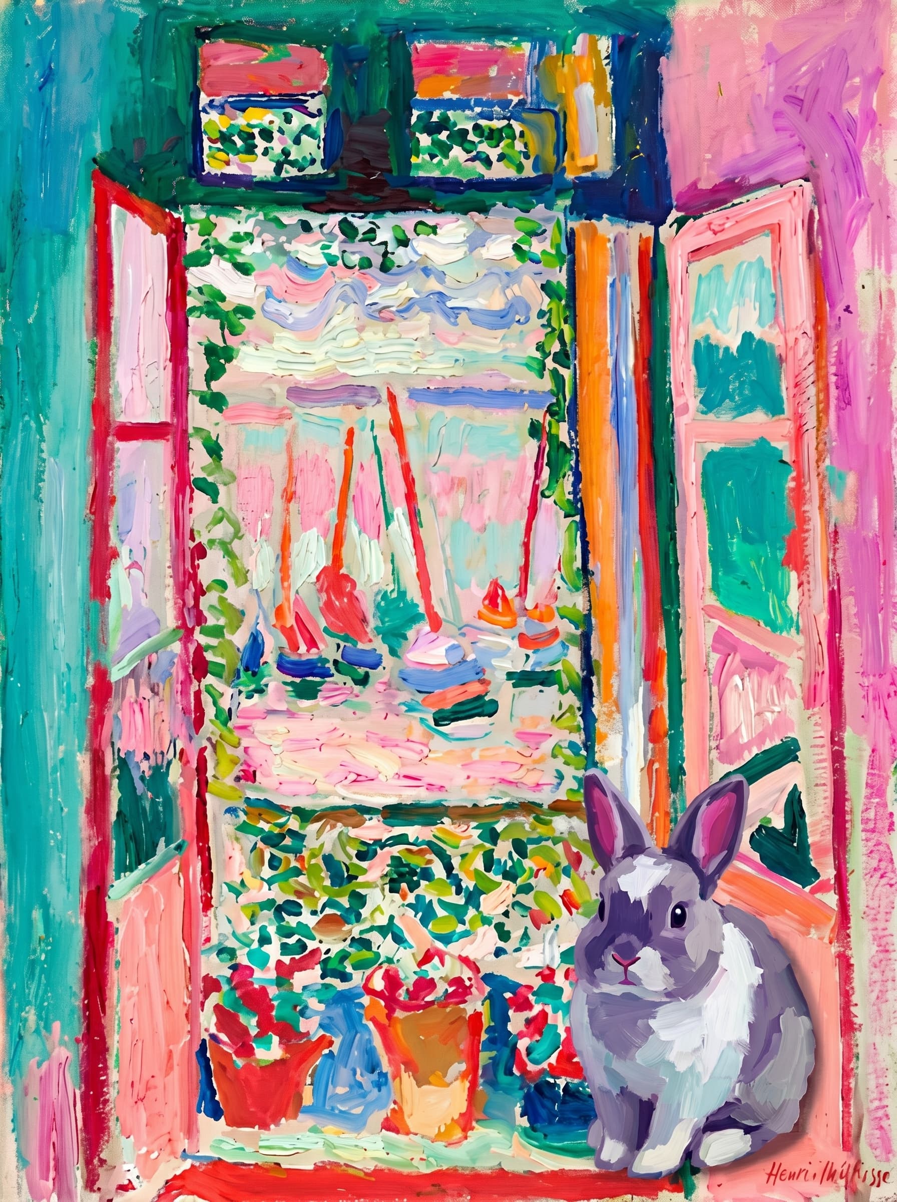 A pet sitting on the right bottom frame of an open door, with its back to the opening while facing the room, looking at the viewer, slight leaning on the right-side door panel. Art Style: Paint in Fauvism, post-impressionism style. Use simplified shapes, exaggerates color, and flattens perspective to create charm and personality.
Use saturated, non-naturalistic colors and flattened perspective reminiscent of Henri Matisse.
The brushwork is loose, visible, and painterly, with uneven strokes that give the surface texture and movement.
Paint with large areas of flat color patches, simplified shapes, bold decorative outlines, and minimal blending.
The composition is flattened and slightly distorted, with compressed perspective.
The painting is expressive, utilizing thick, confident strokes and quick, rhythmic marks that prioritize texture and visual energy over realistic blending or depth.