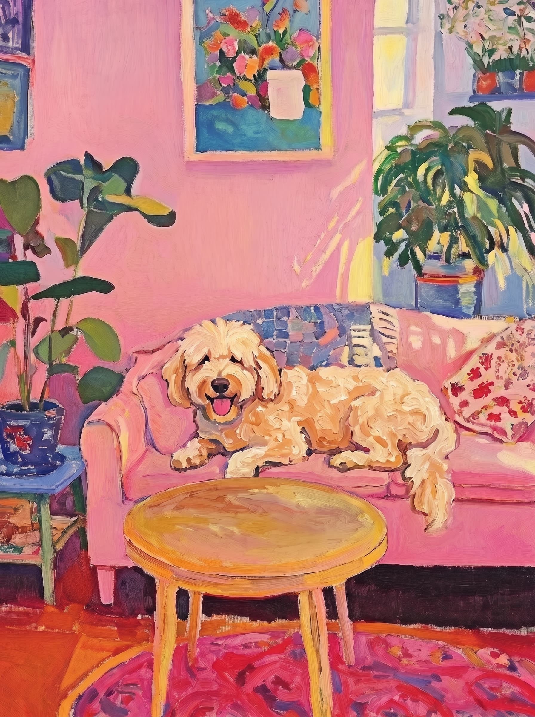 The painting shows a cozy, colorful interior with a warm pink wall and a large pink sofa in the foreground.
The pet is resting lazily on a bright pink velvet sofa. The pet’s looked completely relaxed and content.
The overall mood is cheerful and intimate, with bold outlines, visible brushstrokes, and slightly simplified forms.
Art Style: Paint in Fauvism, post-impressionism style. Use simplified shapes, exaggerates color, and flattens perspective to create charm and personality.
Use saturated, non-naturalistic colors and flattened perspective reminiscent of Henri Matisse.
The brushwork is loose, visible, and painterly, with uneven strokes that give the surface texture and movement.
Paint with large areas of flat color patches, simplified shapes, bold decorative outlines, and minimal blending.
The composition is flattened and slightly distorted, with compressed perspective.
The painting is expressive, utilizing thick, confident strokes and quick, rhythmic marks that prioritize texture and visual energy over realistic blending or depth.