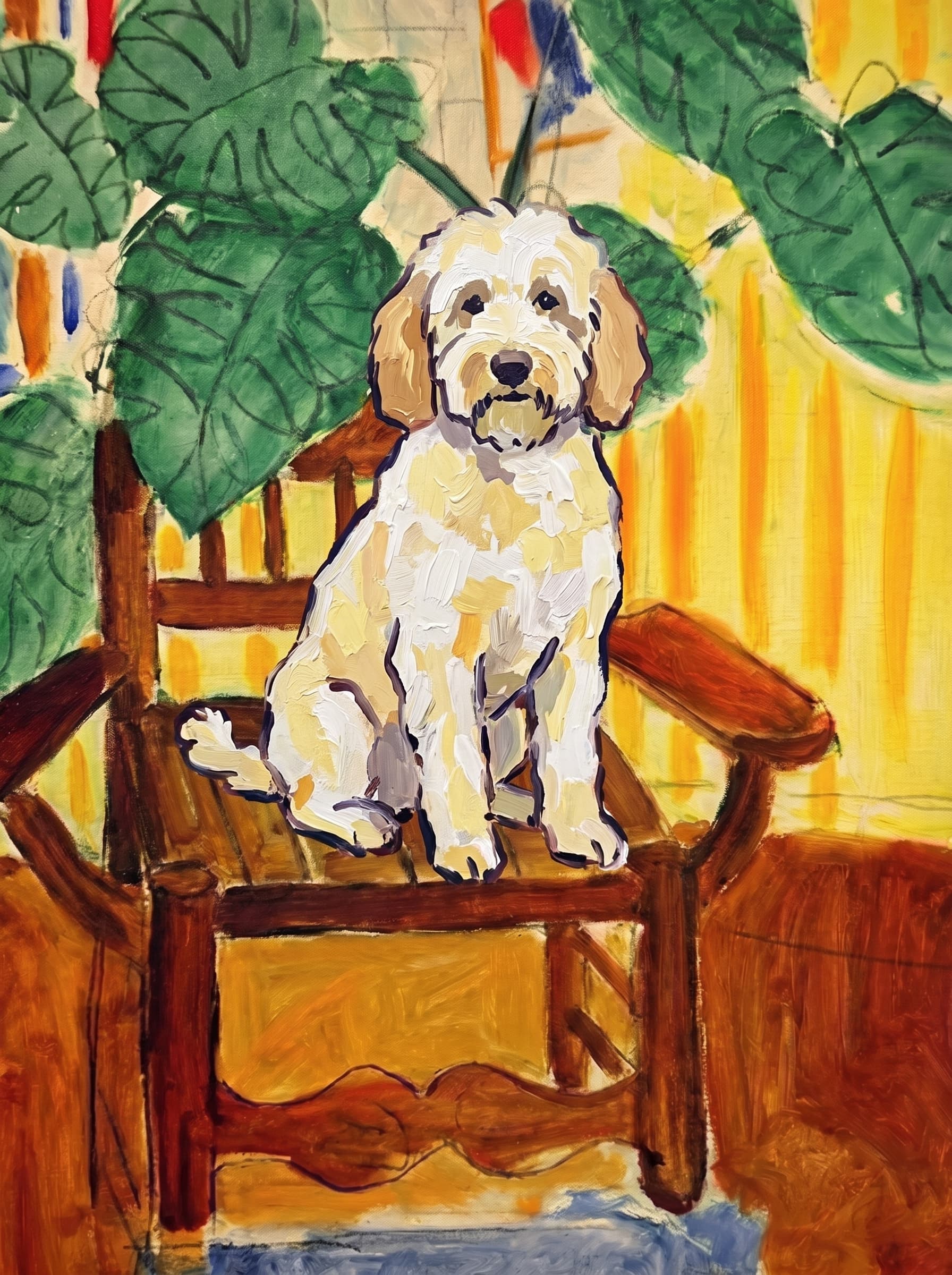 A pet sitting on a brown chair, looking at the viewer. Art Style: Paint in Fauvism, post-impressionism style. Use simplified shapes, exaggerates color, and flattens perspective to create charm and personality.
Use saturated, non-naturalistic colors and flattened perspective reminiscent of Henri Matisse.
The brushwork is loose, visible, and painterly, with uneven strokes that give the surface texture and movement.
Paint with large areas of flat color patches, simplified shapes, bold decorative outlines, and minimal blending.
The composition is flattened and slightly distorted, with compressed perspective.
The painting is expressive, utilizing thick, confident strokes and quick, rhythmic marks that prioritize texture and visual energy over realistic blending or depth.
