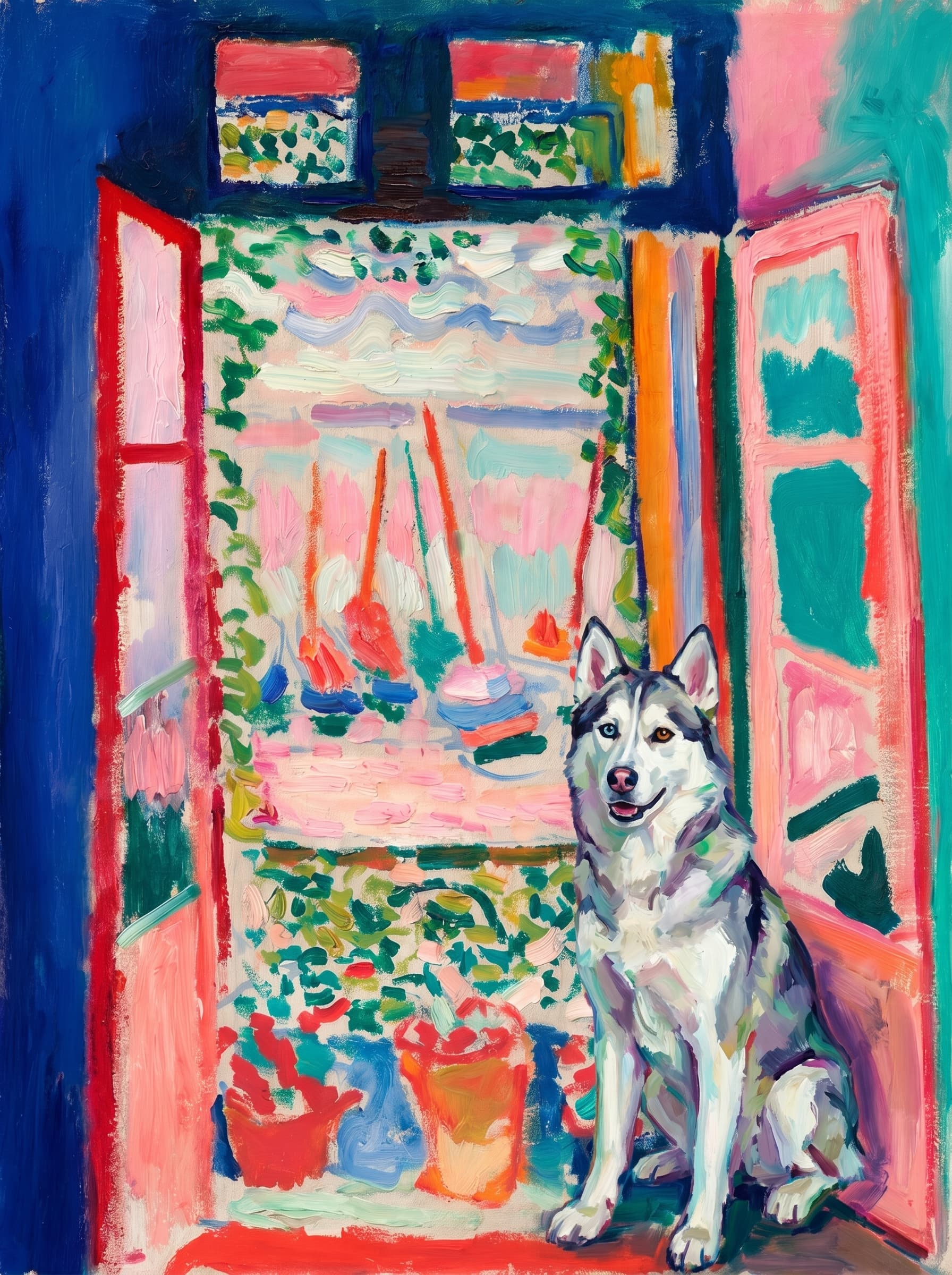 A pet sitting on the right bottom frame of an open door, with its back to the opening while facing the room, looking at the viewer, slight leaning on the right-side door panel. Paint in post-impressionism style. Use loosely painted, vibrantly colored, stylized, vertical painting.