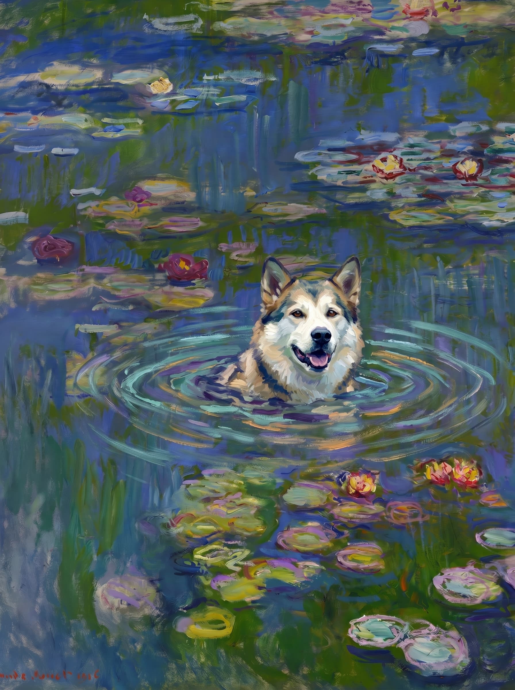 The pet should appear naturally integrated into the middle of the pond, swimming calmly through the water with only its head, upper neck, and a subtle suggestion of its back visible above the surface.
The pet should be facing forward and looking directly at the viewer. Its wet fur should be suggested through painterly strokes.
Blend the pet into the scene using Monet-like impressionist oil painting techniques: visible layered brushstrokes, soft broken color, blue-green reflections, violet shadows, golden-orange highlights, and shimmering ripples around the pet.
The water should partially obscure the pet’s body, with delicate circular ripples spreading outward. Nearby lily pads and water lilies should remain undisturbed but subtly interact with the ripples.
The pet must feel like it was originally painted into the artwork, not pasted on top. Match the atmospheric softness, painterly texture, scale, perspective, and color harmony of the original Water Lilies painting.
Avoid photorealism, sharp outlines, modern digital effects, or excessive detail. The final image should look like a whimsical impressionist oil painting in the spirit of late Monet, with the pet quietly swimming among the lily pads at the center of the pond.
Art Style: Paint in Fauvism, post-impressionism style. Use simplified shapes, exaggerates color, and flattens perspective to create charm and personality.
Use saturated, non-naturalistic colors and flattened perspective reminiscent of Henri Matisse.
The brushwork is loose, visible, and painterly, with uneven strokes that give the surface texture and movement.
Paint with large areas of flat color patches, simplified shapes, bold decorative outlines, and minimal blending.
The composition is flattened and slightly distorted, with compressed perspective.
The painting is expressive, utilizing thick, confident strokes and quick, rhythmic marks that prioritize texture and visual energy over realistic blending or depth.