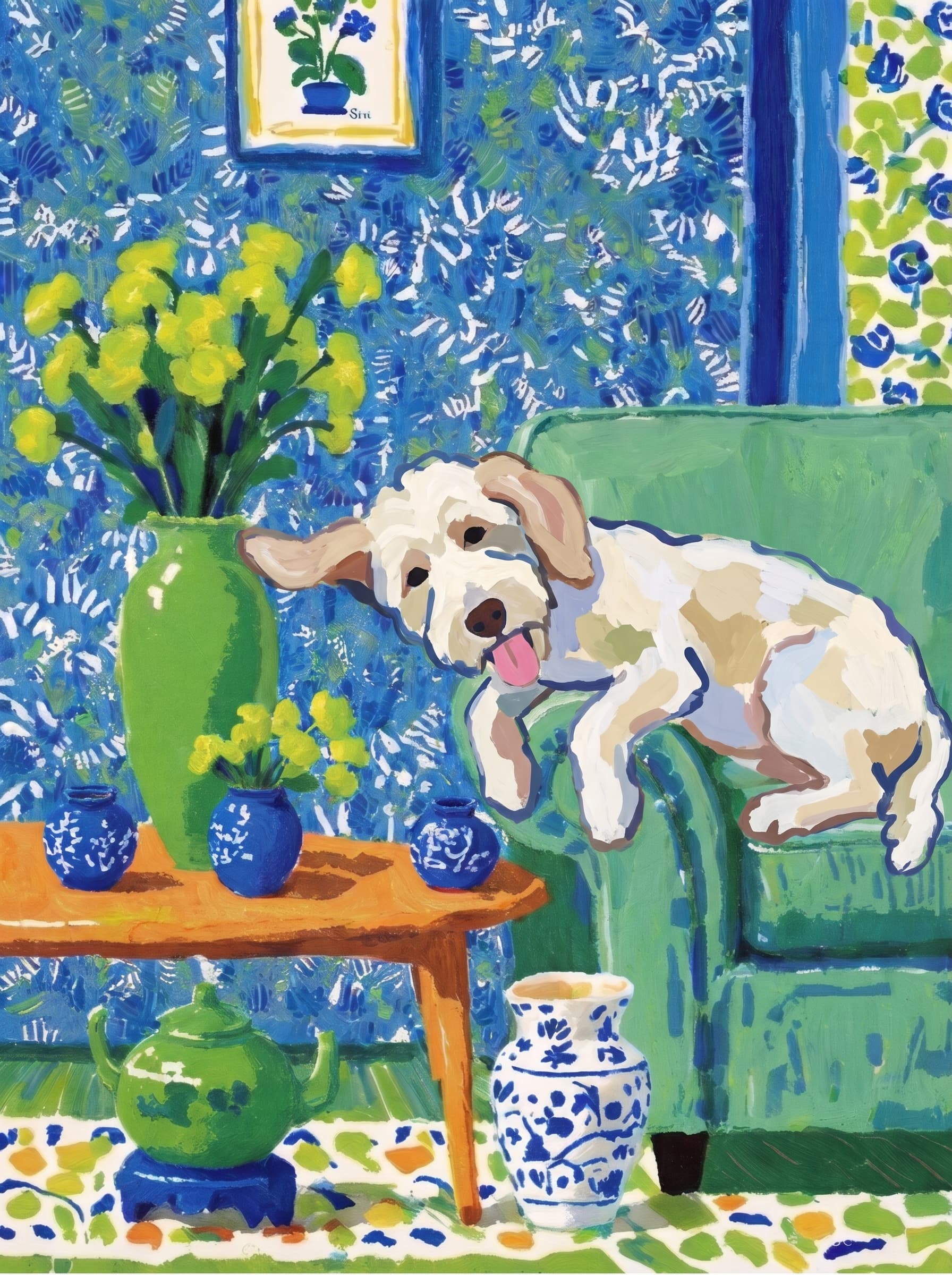A pet lazy lying on the couch, with head tilt on the edge of couch, eye looking at the the vase. Art Style: Paint in Fauvism, post-impressionism style. Use simplified shapes, exaggerates color, and flattens perspective to create charm and personality.
Use saturated, non-naturalistic colors and flattened perspective reminiscent of Henri Matisse.
The brushwork is loose, visible, and painterly, with uneven strokes that give the surface texture and movement.
Paint with large areas of flat color patches, simplified shapes, bold decorative outlines, and minimal blending.
The composition is flattened and slightly distorted, with compressed perspective.
The painting is expressive, utilizing thick, confident strokes and quick, rhythmic marks that prioritize texture and visual energy over realistic blending or depth.
