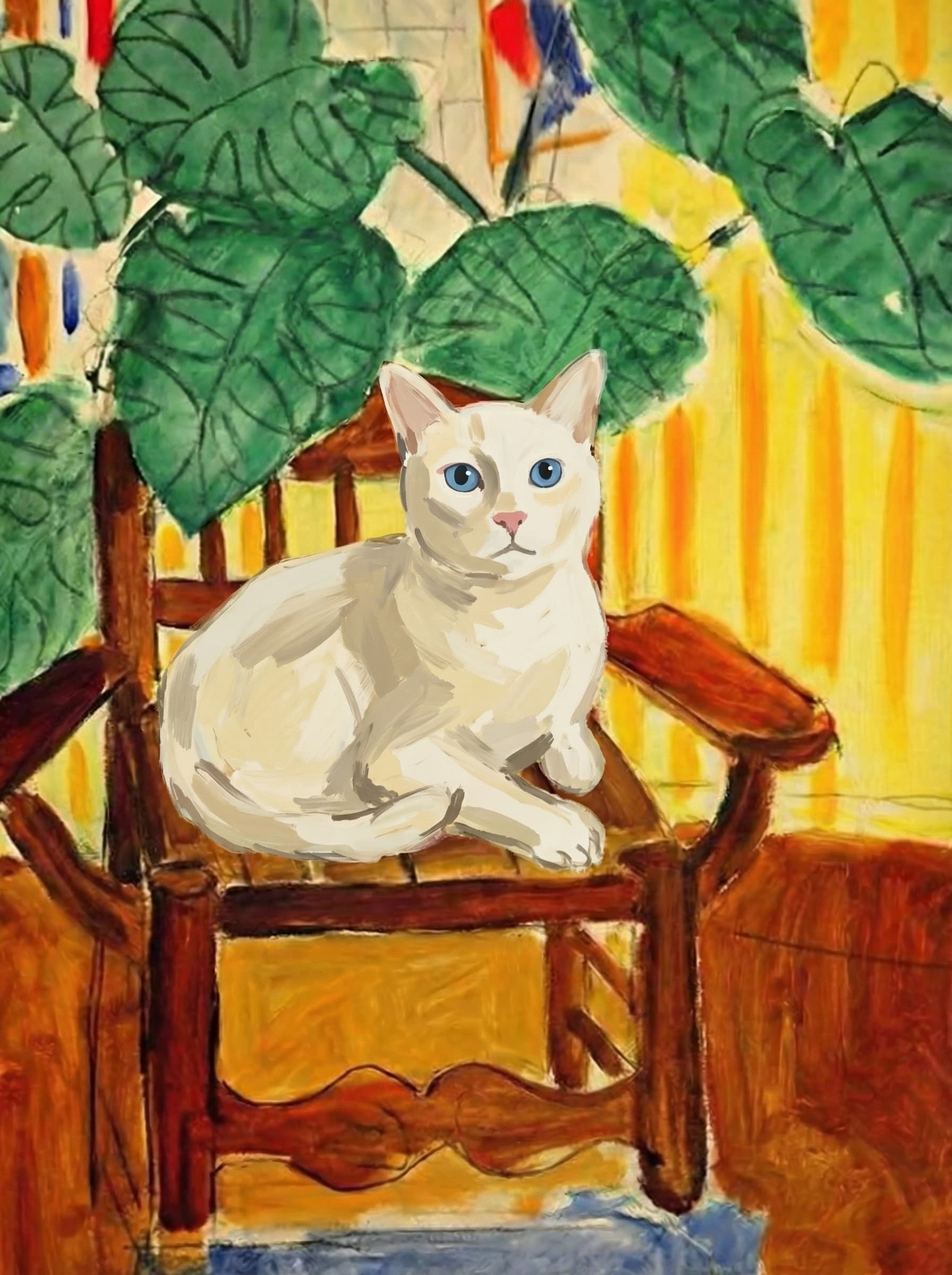 A pet sitting on a brown chair, looking at the viewer. Colors are applied with minimal blending, creating a flat, illustrative feel. The brushwork is broad, rapid, and direct. Strokes are loose, visible, applied thinly, defining the forms quickly without building up significant physical texture or impasto on the surface.