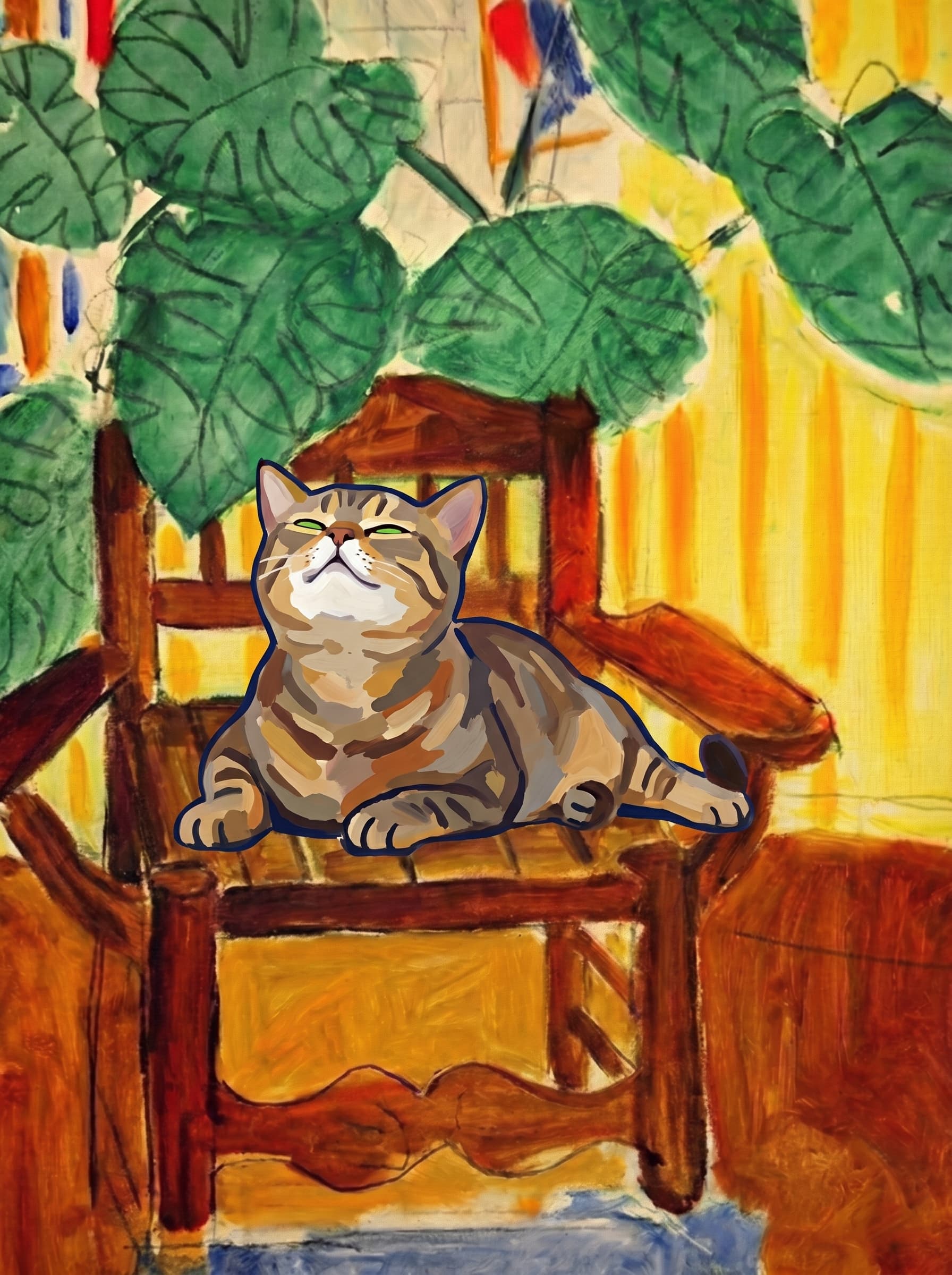 A pet sitting on a brown chair, looking at the viewer. Art Style: Paint in Fauvism, post-impressionism style. Use simplified shapes, exaggerates color, and flattens perspective to create charm and personality.
Use saturated, non-naturalistic colors and flattened perspective reminiscent of Henri Matisse.
The brushwork is loose, visible, and painterly, with uneven strokes that give the surface texture and movement.
Paint with large areas of flat color patches, simplified shapes, bold decorative outlines, and minimal blending.
The composition is flattened and slightly distorted, with compressed perspective.
The painting is expressive, utilizing thick, confident strokes and quick, rhythmic marks that prioritize texture and visual energy over realistic blending or depth.