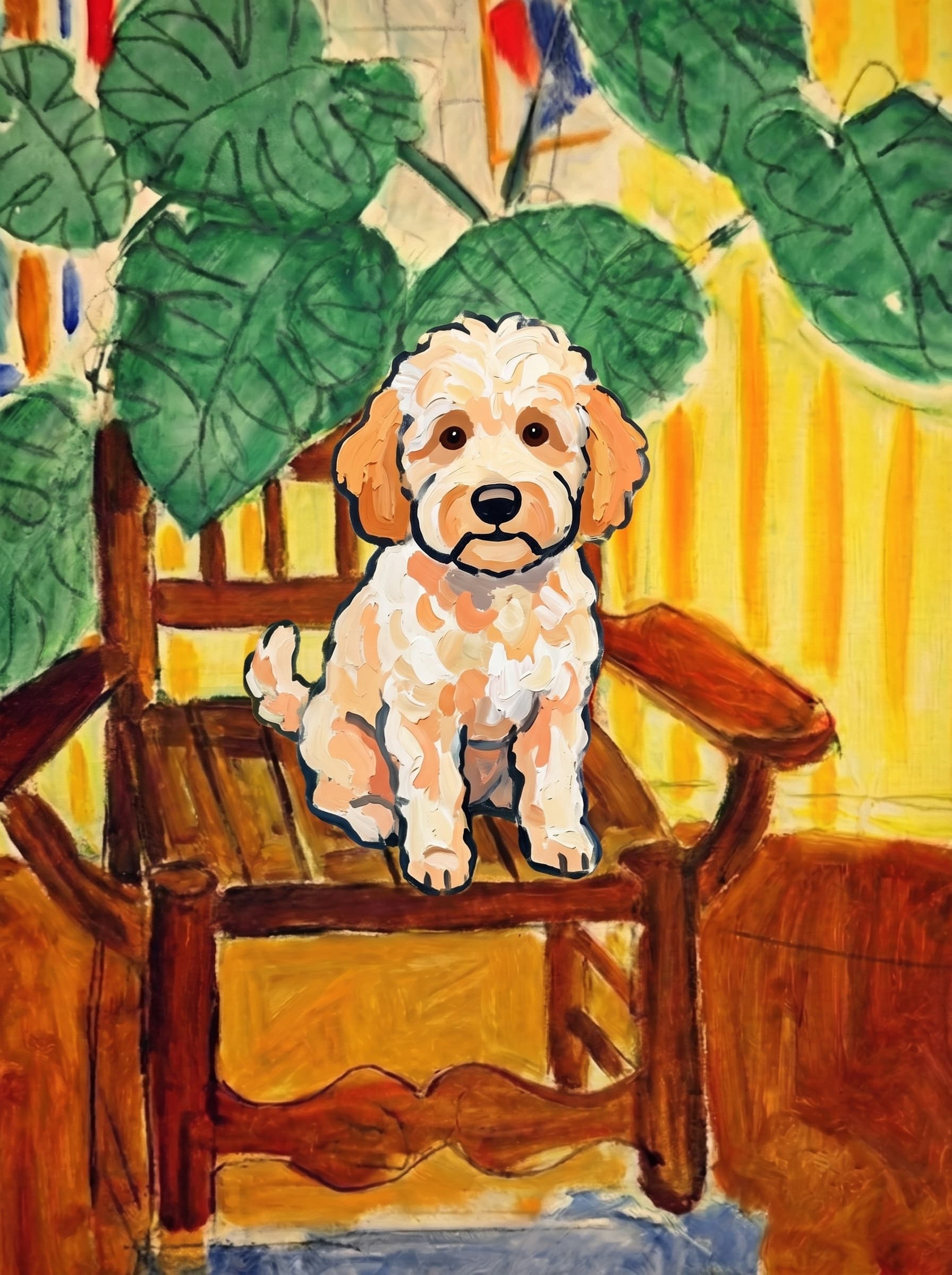 A pet sitting on a brown chair, looking at the viewer. Art Style: Paint in Fauvism, post-impressionism style. Use simplified shapes, exaggerates color, and flattens perspective to create charm and personality.
Use saturated, non-naturalistic colors and flattened perspective reminiscent of Henri Matisse.
The brushwork is loose, visible, and painterly, with uneven strokes that give the surface texture and movement.
Paint with large areas of flat color patches, simplified shapes, bold decorative outlines, and minimal blending.
The composition is flattened and slightly distorted, with compressed perspective.
The painting is expressive, utilizing thick, confident strokes and quick, rhythmic marks that prioritize texture and visual energy over realistic blending or depth.