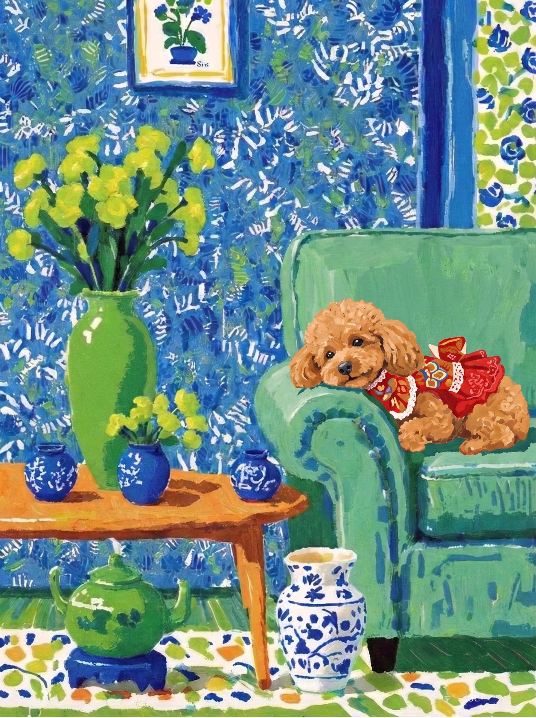 A pet lazy lying on the couch, with head tilt on the edge of couch, eye looking at the the vase. Art Style: Paint in Fauvism, post-impressionism style. Use simplified shapes, exaggerates color, and flattens perspective to create charm and personality.
Use saturated, non-naturalistic colors and flattened perspective reminiscent of Henri Matisse.
The brushwork is loose, visible, and painterly, with uneven strokes that give the surface texture and movement.
Paint with large areas of flat color patches, simplified shapes, bold decorative outlines, and minimal blending.
The composition is flattened and slightly distorted, with compressed perspective.
The painting is expressive, utilizing thick, confident strokes and quick, rhythmic marks that prioritize texture and visual energy over realistic blending or depth.