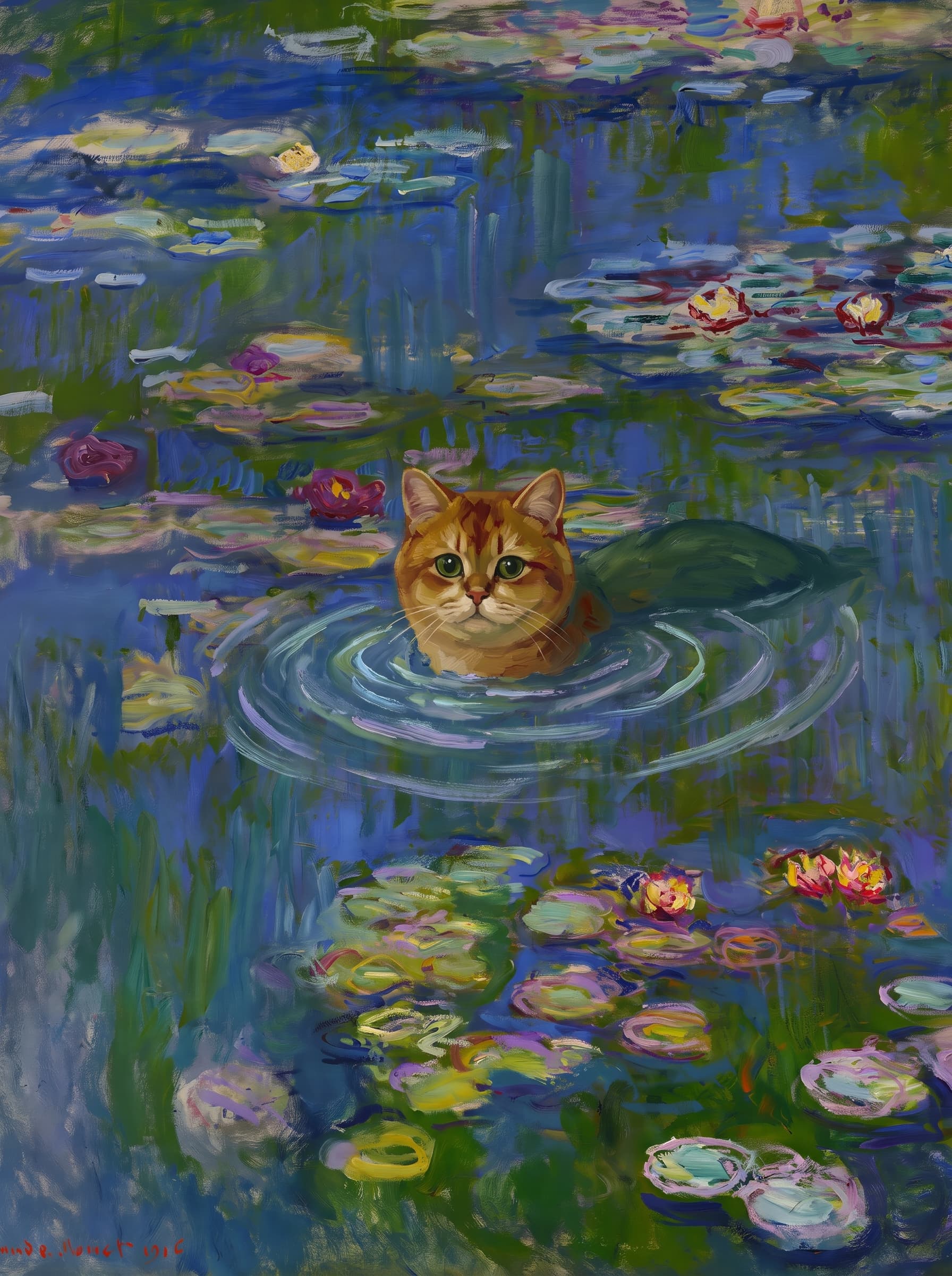The pet should appear naturally integrated into the middle of the pond, swimming calmly through the water with only its head, upper neck, and a subtle suggestion of its back visible above the surface.
The pet should be facing forward and looking directly at the viewer. Its wet fur should be suggested through painterly strokes.
Blend the pet into the scene using Monet-like impressionist oil painting techniques: visible layered brushstrokes, soft broken color, blue-green reflections, violet shadows, golden-orange highlights, and shimmering ripples around the pet.
The water should partially obscure the pet’s body, with delicate circular ripples spreading outward. Nearby lily pads and water lilies should remain undisturbed but subtly interact with the ripples.
The pet must feel like it was originally painted into the artwork, not pasted on top. Match the atmospheric softness, painterly texture, scale, perspective, and color harmony of the original Water Lilies painting.
Avoid photorealism, sharp outlines, modern digital effects, or excessive detail. The final image should look like a whimsical impressionist oil painting in the spirit of late Monet, with the pet quietly swimming among the lily pads at the center of the pond.
Art Style: Paint in Fauvism, post-impressionism style. Use simplified shapes, exaggerates color, and flattens perspective to create charm and personality.
Use saturated, non-naturalistic colors and flattened perspective reminiscent of Henri Matisse.
The brushwork is loose, visible, and painterly, with uneven strokes that give the surface texture and movement.
Paint with large areas of flat color patches, simplified shapes, bold decorative outlines, and minimal blending.
The composition is flattened and slightly distorted, with compressed perspective.
The painting is expressive, utilizing thick, confident strokes and quick, rhythmic marks that prioritize texture and visual energy over realistic blending or depth.
